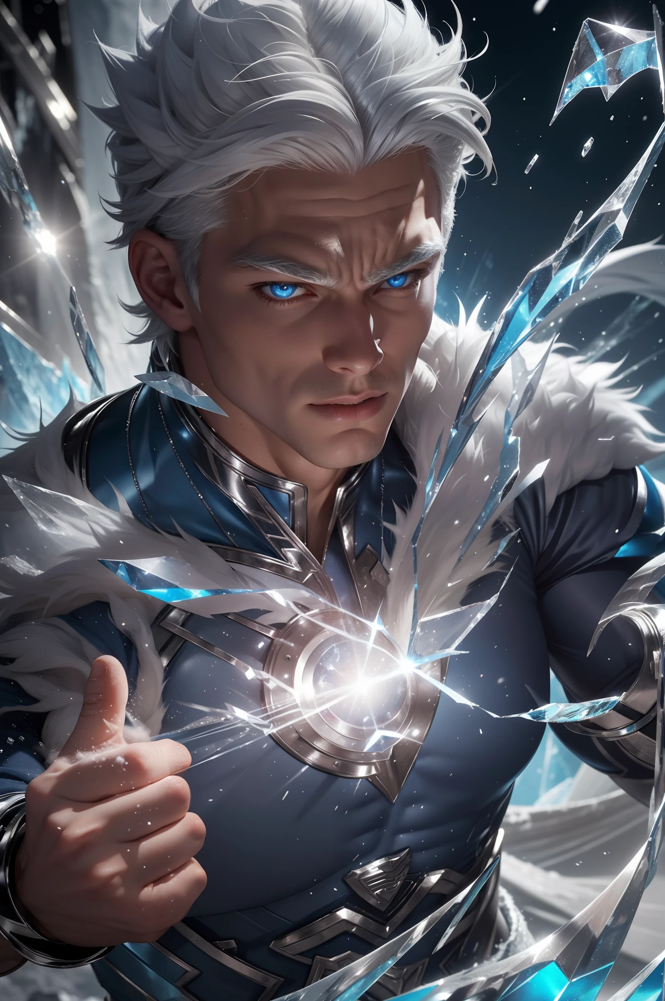 super-hero, muscular man, 25-year old, (short white hair, blue eyes), (blue and silver costume), (white fur collar), black fingerless gloves, ice bursting from his hands, surrounded by ice, frost, icicles, photorealistic, particle effects, raytracing, depth of field,