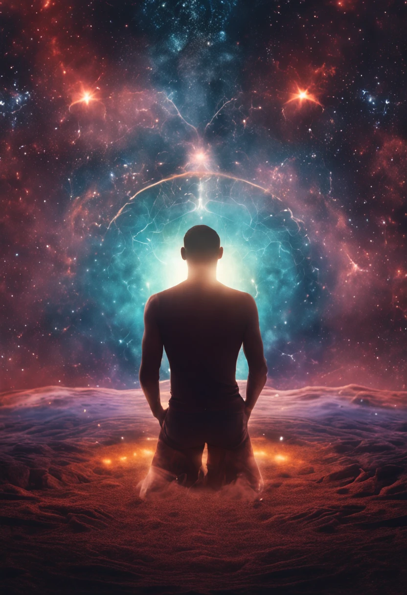 Mystical man in the middle of the universe Astral body, deep meditation, Etéric atmosphere, Aurico