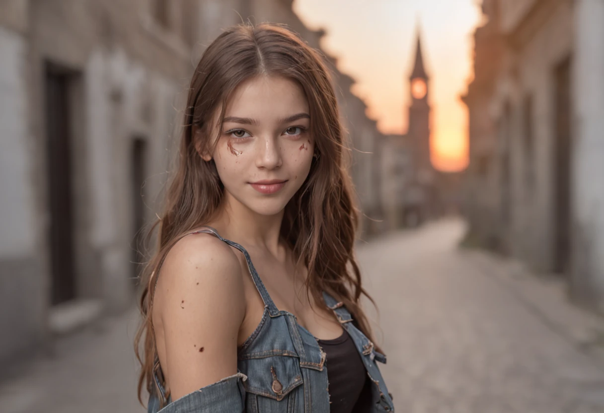 18 yo girl wearing very ripped and torn clothes walking towards the camera with a smile on her face. The background is in flames.
