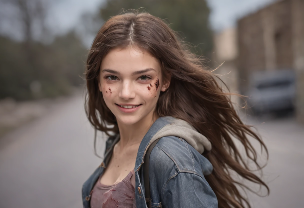 18 yo girl wearing very ripped and torn clothes walking towards the camera with a smile on her face. The background is in flames.