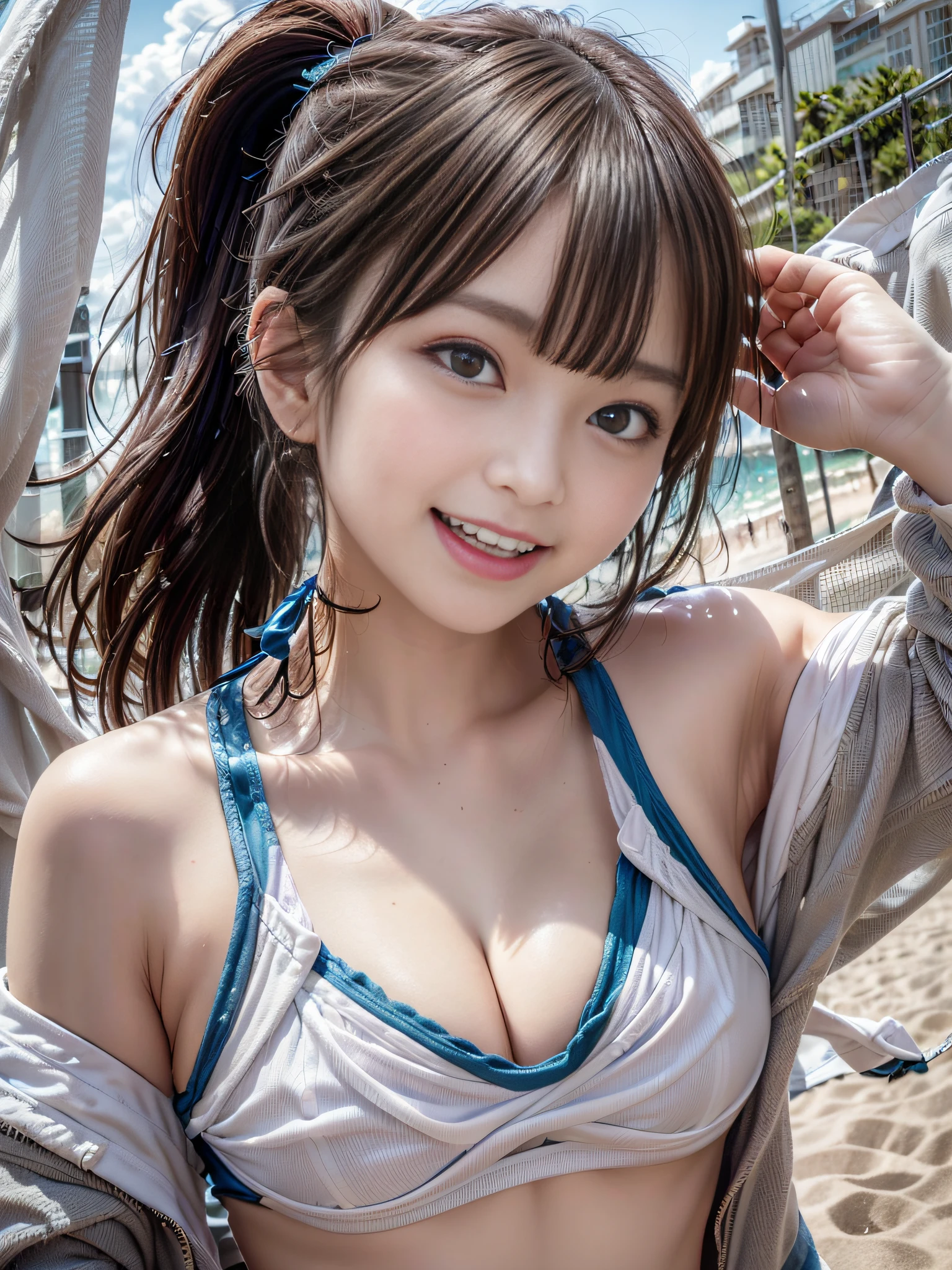 (top-quality:1.32), (The ultra -The high-definition:1.4), (hight resolution: 1.3), (CG Unity 8k wallpapers:1.2), (Detailed eyes and skin:1.35), (detailed facial features:1.25), (Detailed pupils:1.36), precise and perfect human body structure, (Textured skin: 1.26), high-level image quality、
low angles、 (Photorealistic, awardwinning photo: 1.27), depth of fields, natural soft light、
((Ponytail: 1.47)), Brown hair, (Blue eyes: 1.28), thick bangs, Large blue ribbon, Opens mouth and laughs,
((sports bikinis:1.2)), Beach volleyball players、Pose like a model、Seaside coat、