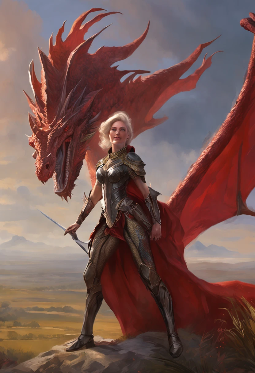A beautiful woman, (from below: 1.3), (perspective: 1.2), looking at the audience, full body, full body photo, very huge breasts, high heels, (( grassland and black color dragon background)), (( fantasy theme)), (( full body armor, long skirt)), smile, ((holding a weapon)) , very big ass, purple color hair, ponytail hairstyle, ((Highest quality)), ((outstanding detail)), ((super high resolution: 3.5)), (fidelity: 1.4), ((best illustration, favor details, perfect detail rendering, ultra HD, masterpiece, ultra high res)), (photorealistic:1.5), raw photo, perfect brightness and darkness, light ray, perfect balance, smooth color transition, perfect body figure, full body frame, shining light, red and black color armor, aura, mantle, cape, Full detail armor design, crown, blue eyes, mature, age 39, adventure pant, perfect color layer, fighting pose, domineering posture, red scarf, royalty, majestic, sunrise