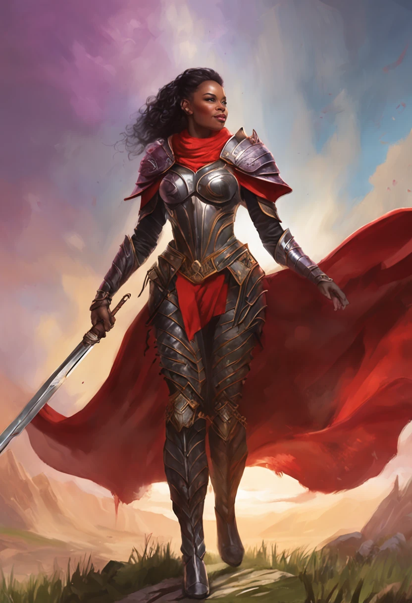 A beautiful woman, (from below: 1.3), (perspective: 1.2), looking at the audience, full body, full body photo, very huge breasts, high heels, (( grassland and black color dragon background)), (( fantasy theme)), (( full body armor, long skirt)), smile, ((holding a weapon)) , very big ass, purple color hair, ponytail hairstyle, ((Highest quality)), ((outstanding detail)), ((super high resolution: 3.5)), (fidelity: 1.4), ((best illustration, favor details, perfect detail rendering, ultra HD, masterpiece, ultra high res)), (photorealistic:1.5), raw photo, perfect brightness and darkness, light ray, perfect balance, smooth color transition, perfect body figure, full body frame, shining light, red and black color armor, aura, mantle, cape, Full detail armor design, crown, blue eyes, mature, age 39, adventure pant, perfect color layer, fighting pose, domineering posture, red scarf, royalty, majestic, sunrise
