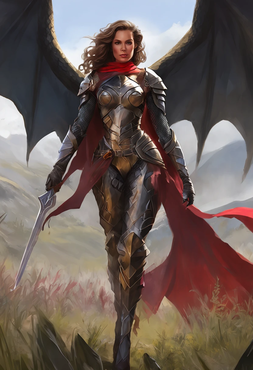 A beautiful woman, (from below: 1.3), (perspective: 1.2), looking at the audience, full body, full body photo, very huge breasts, high heels, (( grassland and black color dragon background)), (( fantasy theme)), (( full body armor, long skirt)), smile, ((holding a weapon)) , very big ass, purple color hair, ponytail hairstyle, ((Highest quality)), ((outstanding detail)), ((super high resolution: 3.5)), (fidelity: 1.4), ((best illustration, favor details, perfect detail rendering, ultra HD, masterpiece, ultra high res)), (photorealistic:1.5), raw photo, perfect brightness and darkness, light ray, perfect balance, smooth color transition, perfect body figure, full body frame, shining light, red and black color armor, aura, mantle, cape, Full detail armor design, crown, blue eyes, mature, age 39, adventure pant, perfect color layer, fighting pose, domineering posture, red scarf, royalty, majestic, sunrise