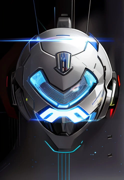 um close up de um capacete com uma luz azul sobre ele, olhos brilhantes no capacete, tech helmet, imagem hiperrealista, sepal helmet, Viseira mecha de vidro OLED, futuristic cybernetic helmet, sci-fi helmet, leme, capacete cyberpunk, capacete de viseira leds, Ultron, misterioso x, xenon, Detalhe requintado do capacete