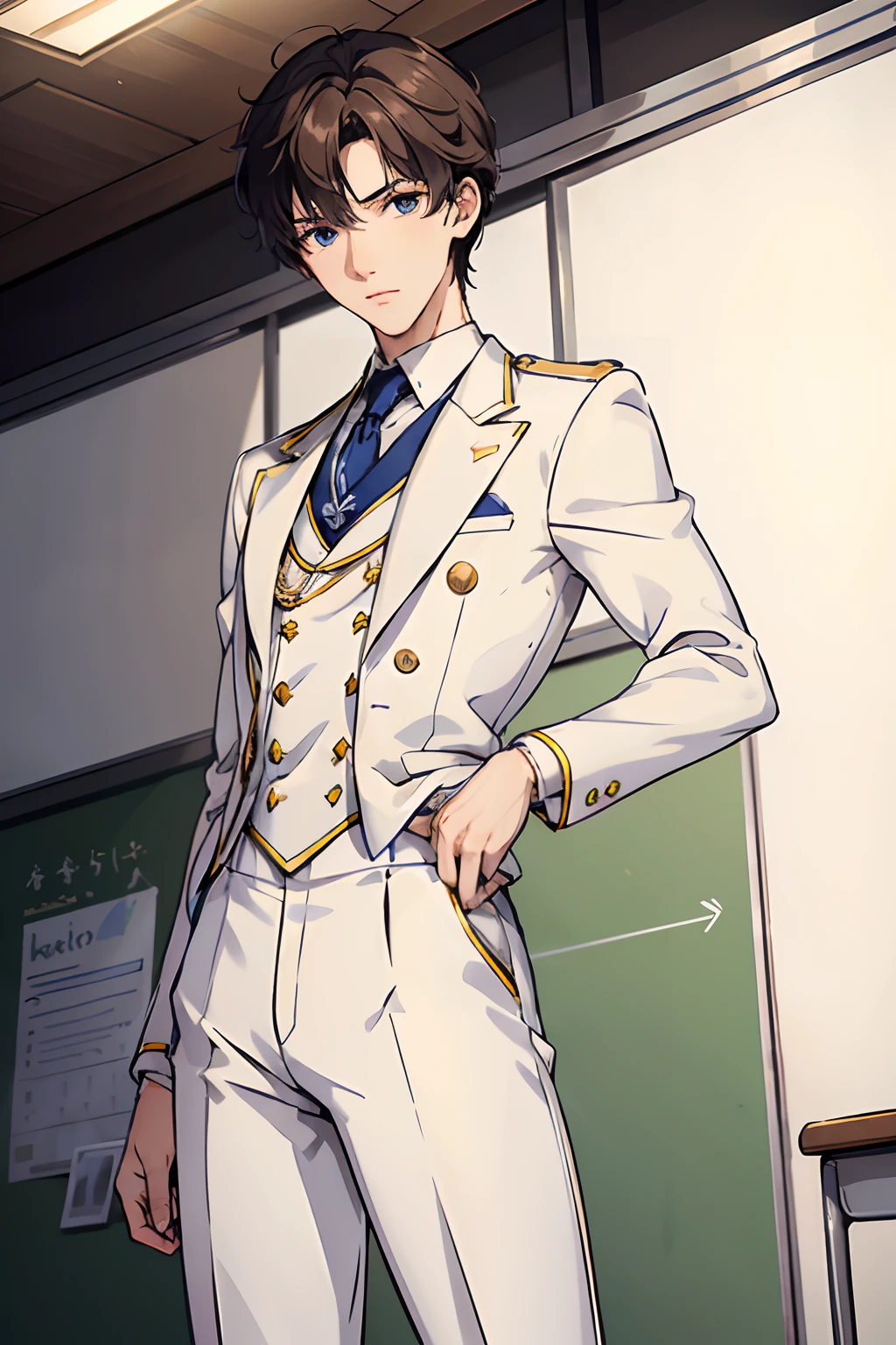Elite School uniform, white blue clothing, white tuxedo, blue pants, golden buttons, blue neck tie, young men, 19 years old, European face, German face structure, light brown hair, messy hair, very short hair, blue-green eyes, detailed eyes, muscular, tall, 6.3 foot tall, strong, light smile, masculine face, wide frame, masterpiece, classroom background, school,
