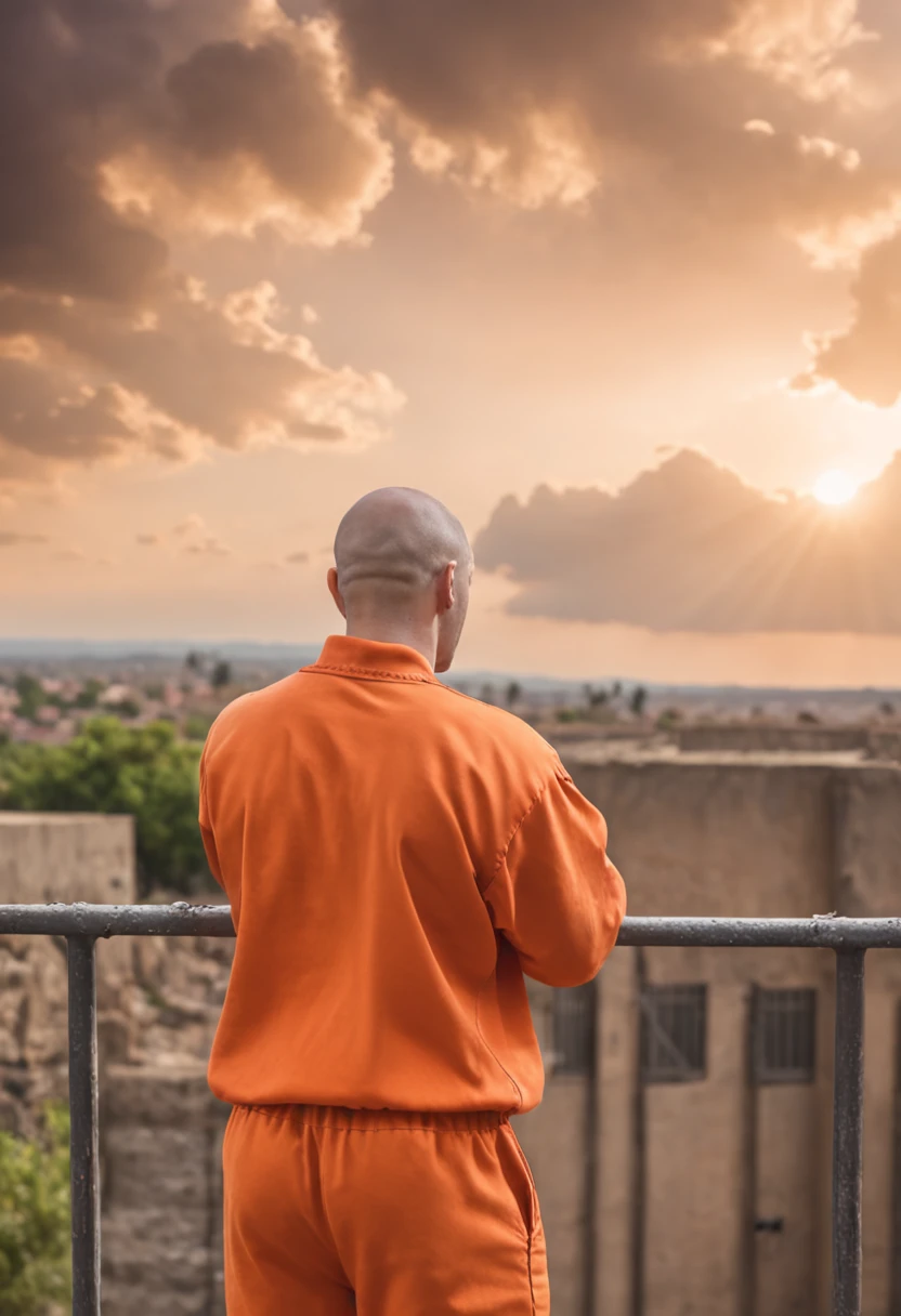 a Orange Jumpsuit prison inmate man looking out a prison bar window at a beautiful cloud scenery , stood in a cell, prisoner, behind bars, prison background