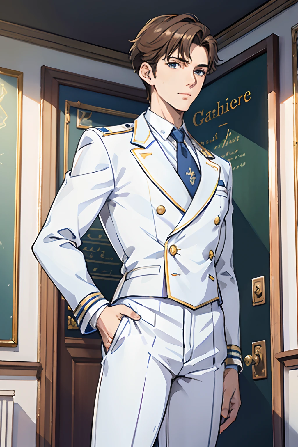 Elite School uniform, white blue clothing, white tuxedo, blue pants, golden buttons, blue neck tie, young men, 19 years old, European face, German face structure, light brown hair, messy hair, very short hair, blue-green eyes, detailed eyes, muscular, tall, 6.3 foot tall, strong, light smile, masculine face, wide frame, masterpiece, classroom background, school,