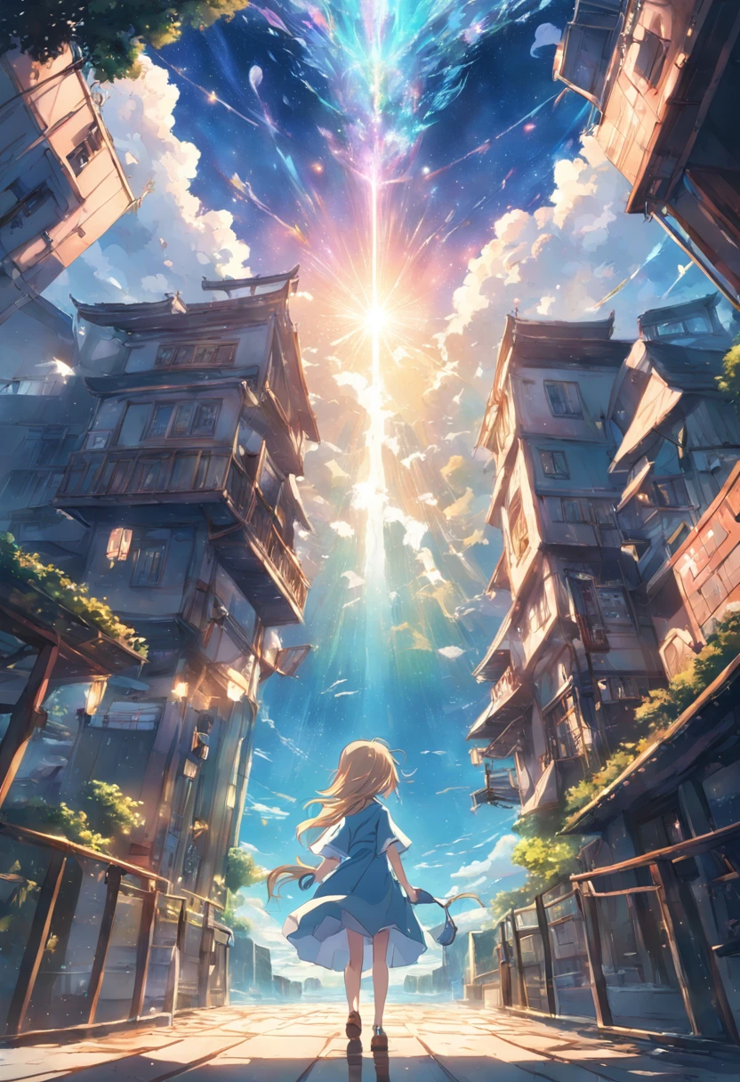 animesque、Faraway view、landscapes、vanishing point、Outrageous resolution、hight resolution、ultra-detailliert、The upper half shows the universe、Below is the sea、Bright atmosphere、Fantasia、magia、Mare、Daylight hours、clean blue sky、sunlight shining、prisma、beautiful  lighting、Bright lighting、Soft lighting、Lots of shining magic light、Iridescent light、(Spark:0.7)