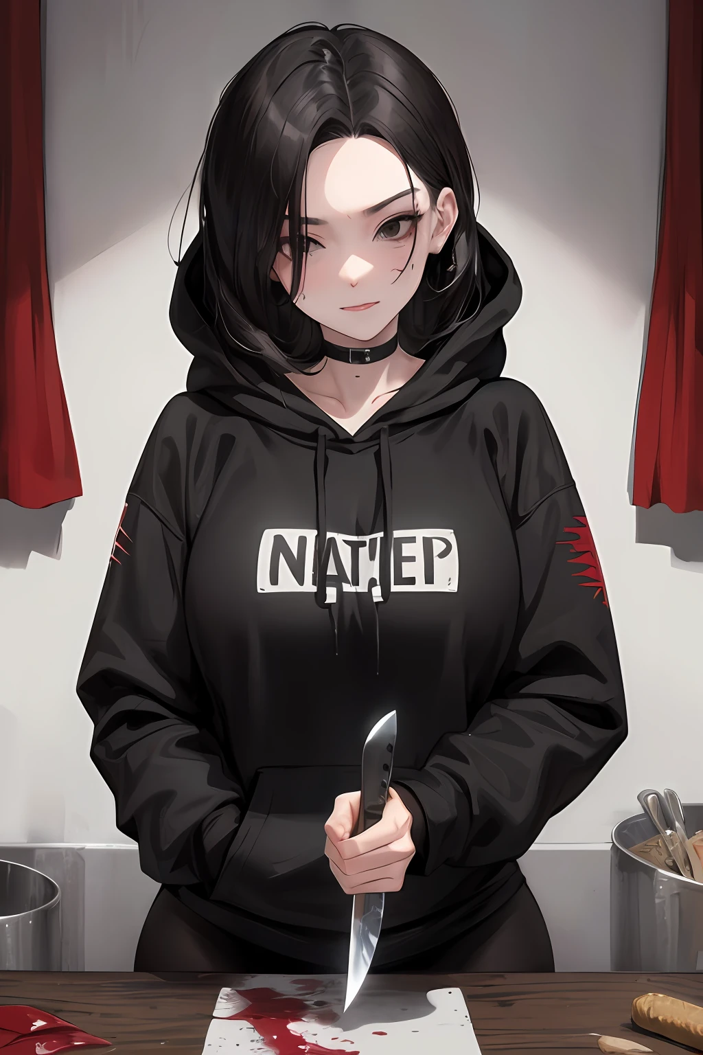 official art, masterpiece, sharp focus, black hair, human butcher marks, beautiful woman, curvy, smug, blood, knife, hoodie, black eyes, beautiful, serial killer, perfect face