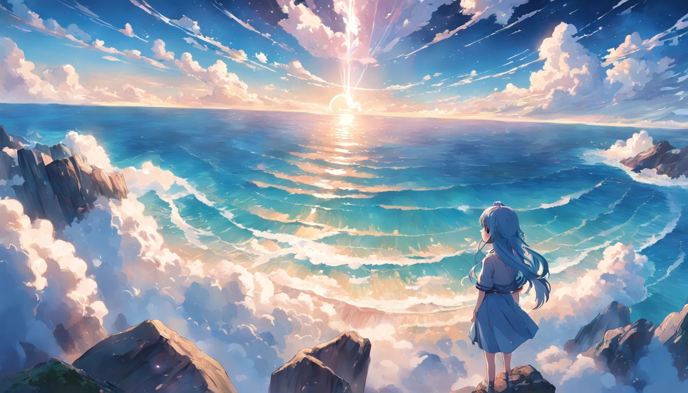 animesque、Faraway view、landscapes、vanishing point、Outrageous resolution、hight resolution、ultra-detailliert、The upper half shows the universe、Below is the sea、Bright atmosphere、Fantasia、magia、Mare、Daylight hours、clean blue sky、sunlight shining、prisma、beautiful  lighting、Bright lighting、Soft lighting、Lots of shining magic light、Iridescent light、(Spark:0.7)