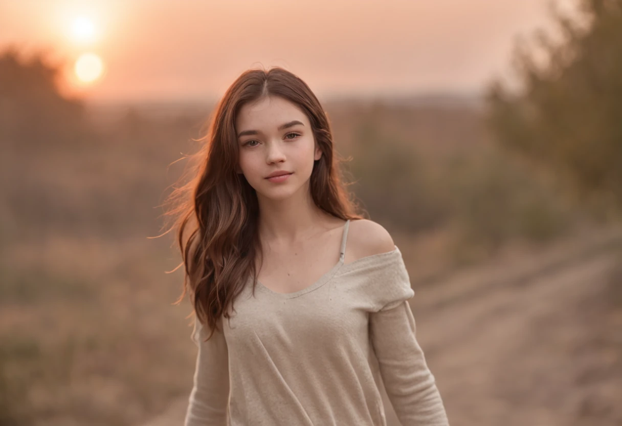 18 yo teen girl wearing hardly any clothes walking towards the camera with a smile on her face. The background is in flames.