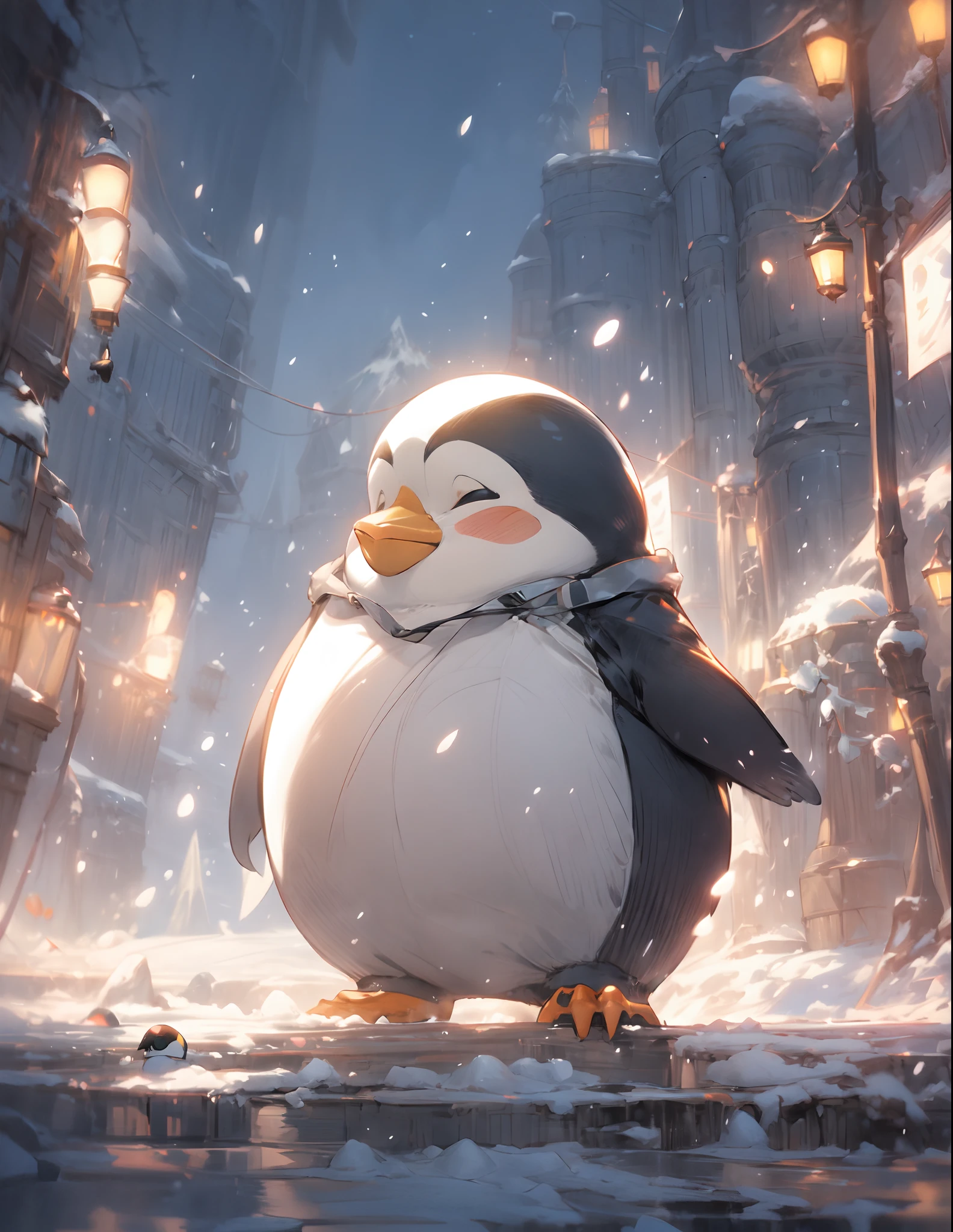 penguin in winter coat standing in snow with snow flakes, fat penguin, penguinz0, anthropomorphic penguin, penguin, mecha anthropomorphic penguin, fat penguin unity asset, pinguin, adorable digital painting, cute detailed digital art, profile picture 1024px, blue penguin, cyril rolando and goro fujita, by Ross Tran