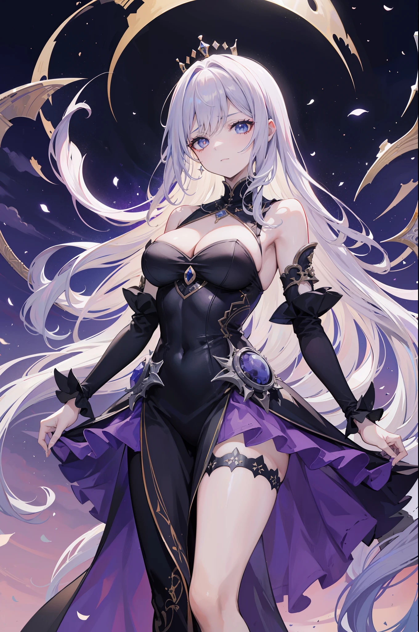 (obra maestra) (La mejor calidad) La diosa de la locura. Has a mocking and sinister expression., Lleva ropa hecha jirones, He wears a tarnished crown and stands on a shattered throne.............. She is surrounded by a wind of chaotic fumes of strange colors.....