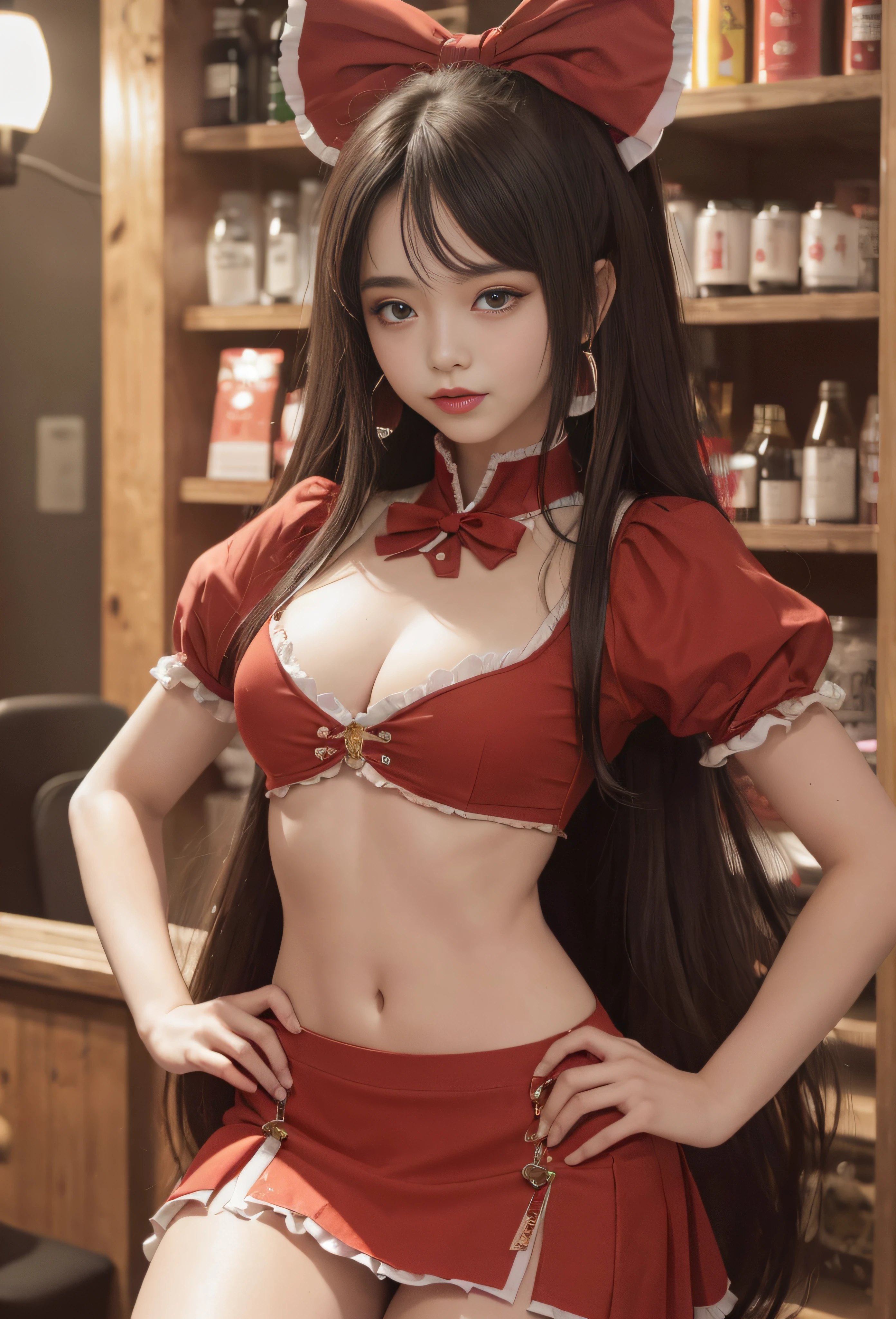 ((Borei Reimu)), ((Proyecto Touhou)), cosplay, (rubia), ((Cabello extra largo con flequillo)), (cola de caballo)), ((red ribbon)), ((falda roja muy corta)), ((She wears a gorgeous mini skirt)), (Pecho medio), (Ropa abierta), (sin mangas), ((ombligo)), (Pausa), (Sonrisa del diablo), (santuario), 18-year-old female model, Modelo de chica esvelta, ((musculosa))), ((caderas muy anchas)), ((muslos muy gruesos)), toma de cuerpo completo, ((ella tiene el cabello rubio)), ((ella lleva unos hermosos botines rojos)), toma desde arriba a la distancia, ((muslos jugosos perfectos))