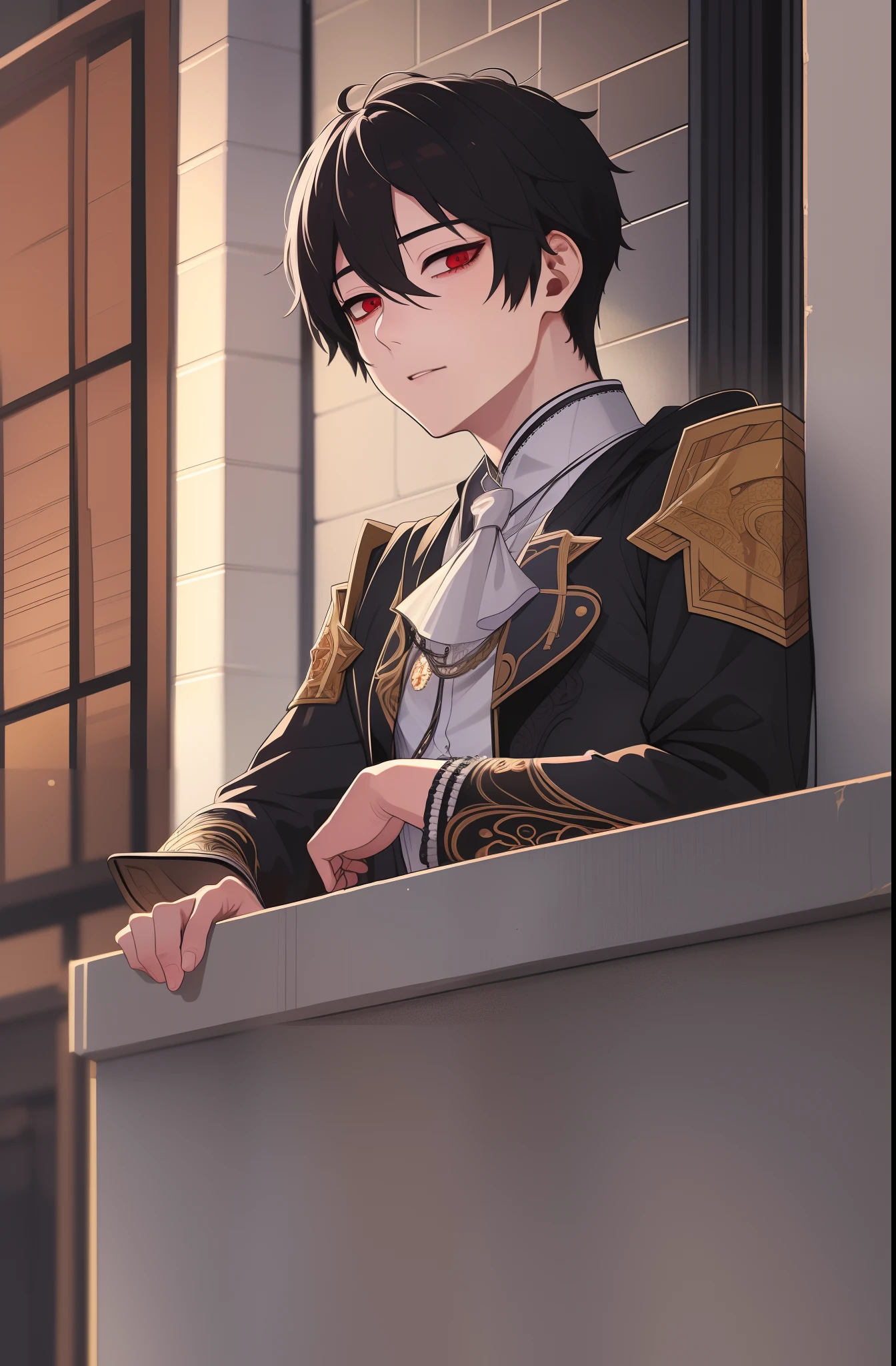 hight resolution, sharp-focus, pixiv masterpiece, ((intricate details)), Highly detailed, 1boy, upper-body, Kim_Minsu, red eyes, black hair, bags under eyes, suit,