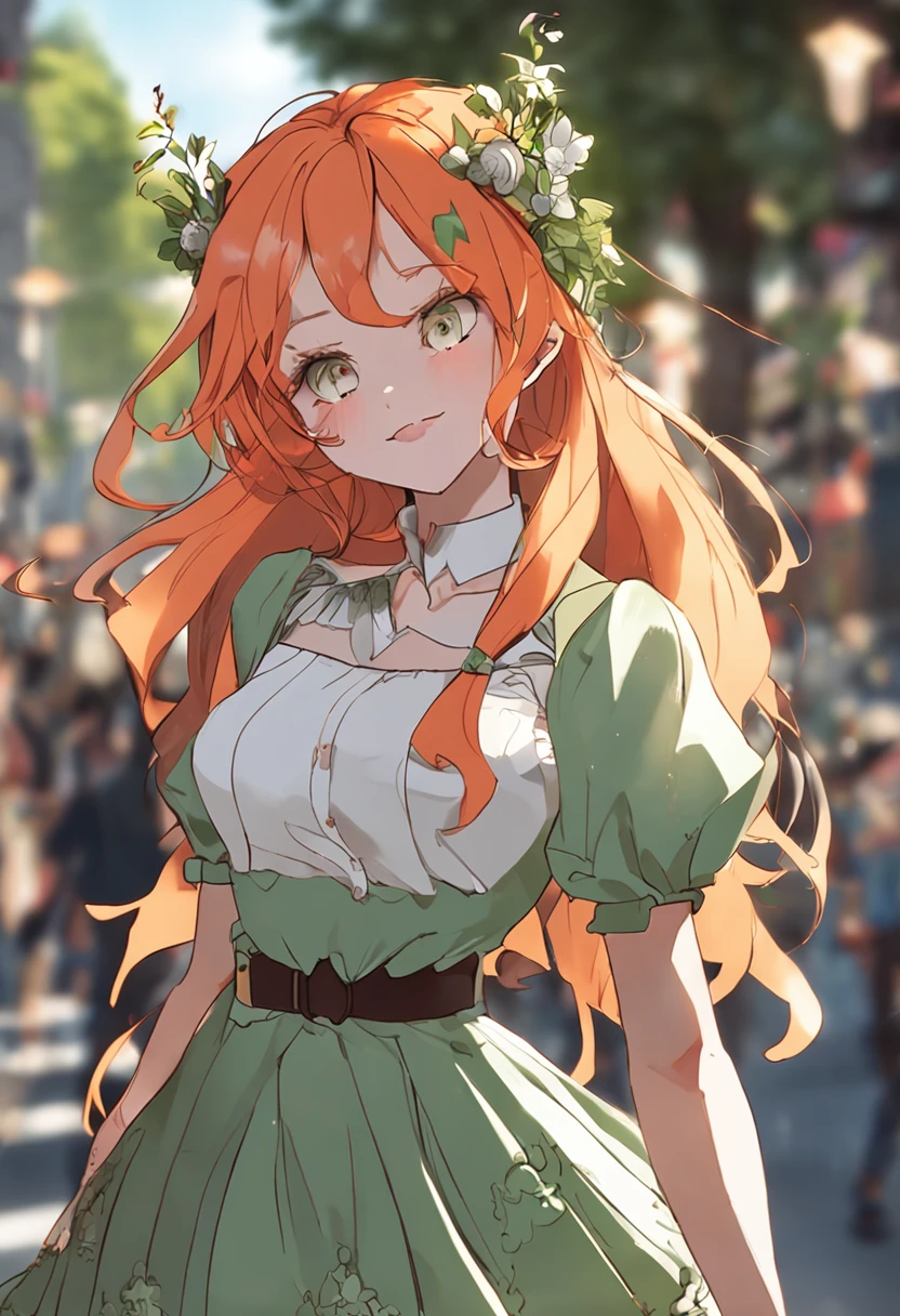 Orange hair Green pupils Walking down the street Turn around and look back Smile Masterpiece High quality High detail White top White short skirt with green lace Carrot tiara Horse ear Very long hair Highest quality