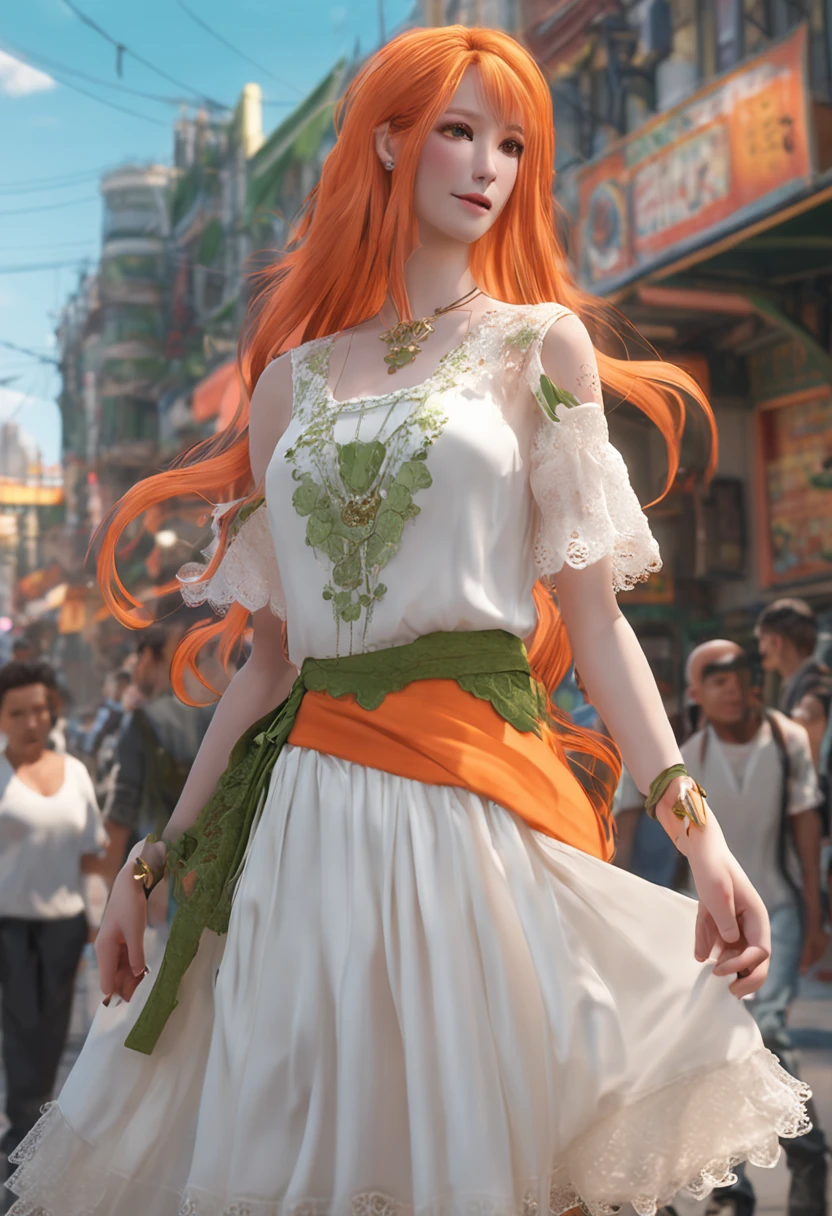 Orange hair Green pupils Walking down the street Turn around and look back Smile Masterpiece High quality High detail White top White short skirt with green lace Carrot tiara Horse ear Very long hair Highest quality