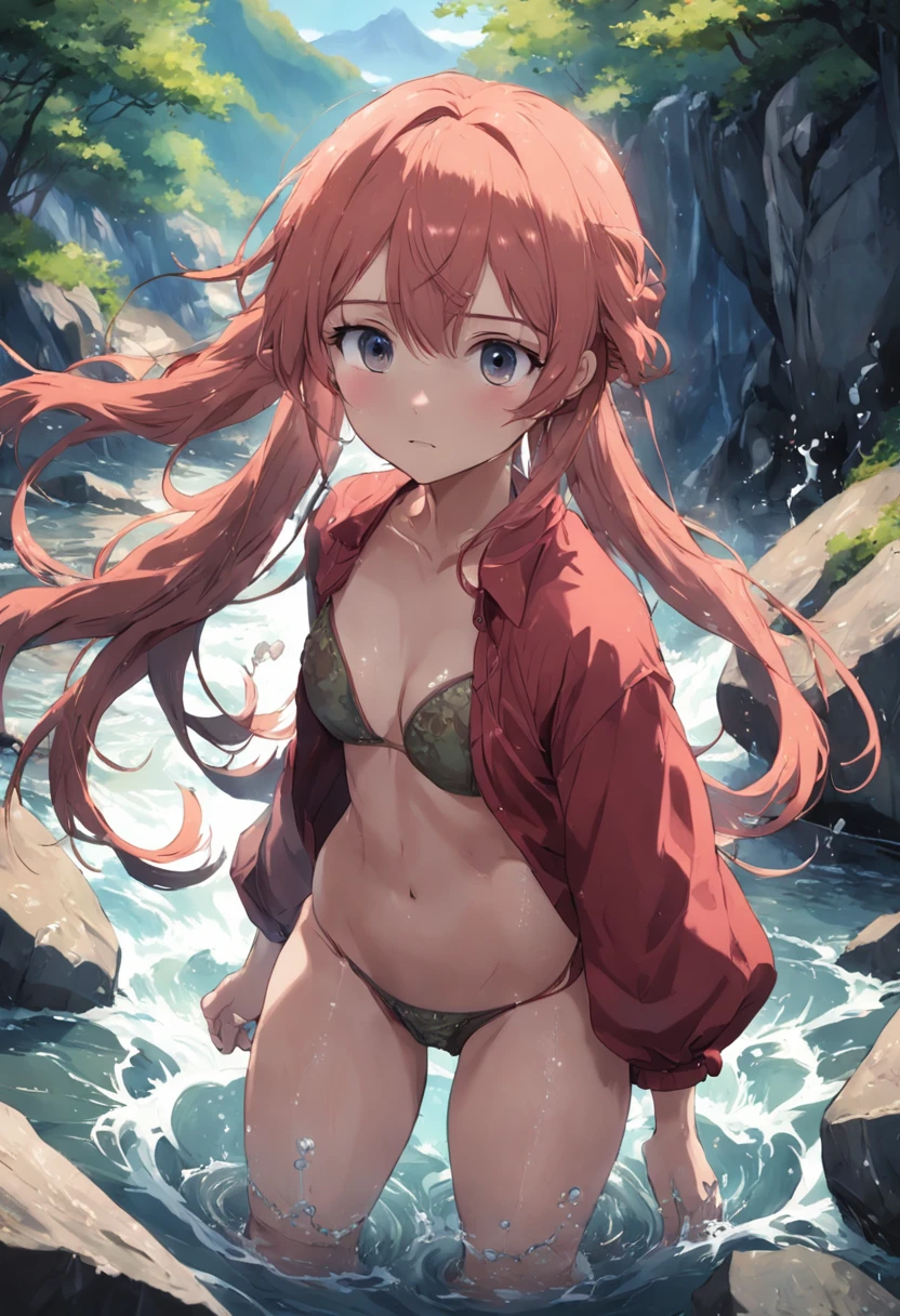 Local girls playing in the water in a mountain stream deep in the mountains　校服　small tits　It's wet　show through
