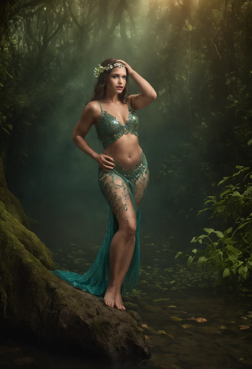 mulher (bela mulher), corpo com escamas de peixe, cintura para baixo (cauda de peixe), pernas (uma cauda de peixe), Being mystical, fantasia (sereia, sereia), coming out of the water, na floresta,  (Realistic fantasy rendering in a forest swamp:1.0), foto retrato pintura fosca, Uma foto realista, (lusciousness:1.3), the legs are fishtail, (escamas de peixe:1.5), cauda de peixe (pernas), pernas (uma cauda de peixe), be legendary (sereia, mermaid)