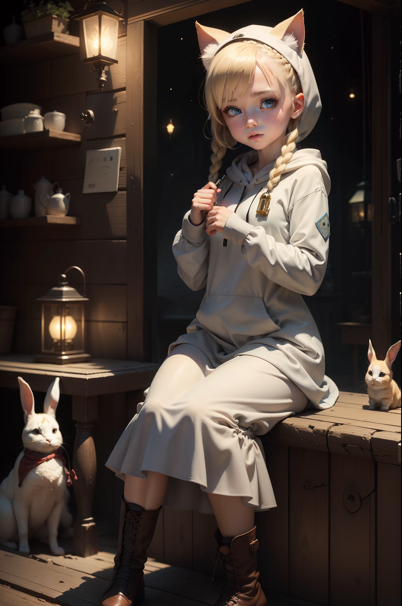 Top image quality、masterpiece、Norman Rockwell's style、Lunar surface、Beautiful fair-skinned girl in long sleeve hoodie、spaces 、Star 3D、The iris is blue、Cute little face、a small face、Light makeup、Two cat ears on the head、blonde hair in braids、tiny chest、Big buttocks、sitting on、Full body like、She holds a magic wand in her right hand、 She has a lantern hanging in her left hand、long skirt、Leather boots、Rabbit robot on background、thirds rule、Ultra-wide low-angle