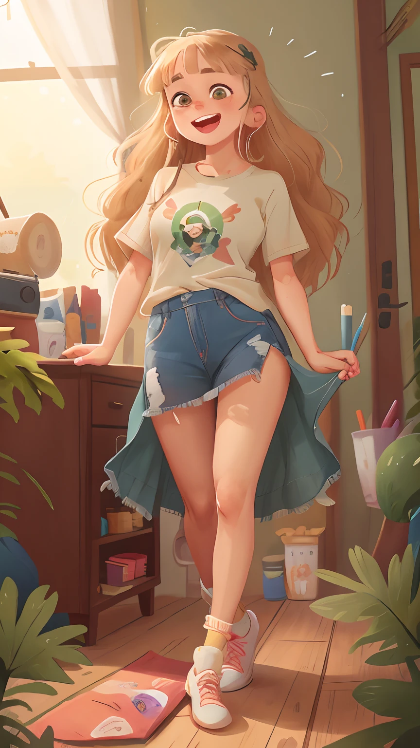 1lady, solo, full body, casual, long hair, minimal makeup, natural fabrics, close-up face, smile, long light platinum blonde hair, bangs, Korean bangs, bangs on forehead, green eyes, skirt, shirt, cute, perfect quality, clear focus (clutter - home: 0.8), (masterpiece: 1.2) (realistic: 1.2) (bokeh) (best quality) (detailed skin: 1.3) (intricate details) (8K) (detail eyes) (sharp focus), (happy)
