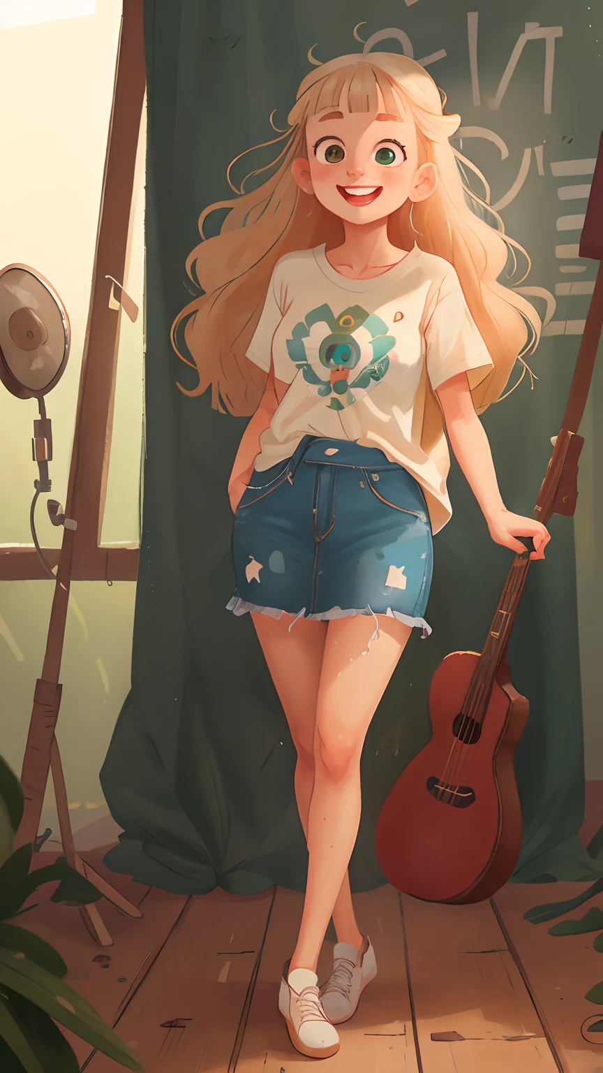 1lady, solo, full body, casual, long hair, minimal makeup, natural fabrics, close-up face, smile, long light platinum blonde hair, bangs, Korean bangs, bangs on forehead, green eyes, skirt, shirt, cute, perfect quality, clear focus (clutter - home: 0.8), (masterpiece: 1.2) (realistic: 1.2) (bokeh) (best quality) (detailed skin: 1.3) (intricate details) (8K) (detail eyes) (sharp focus), (happy)