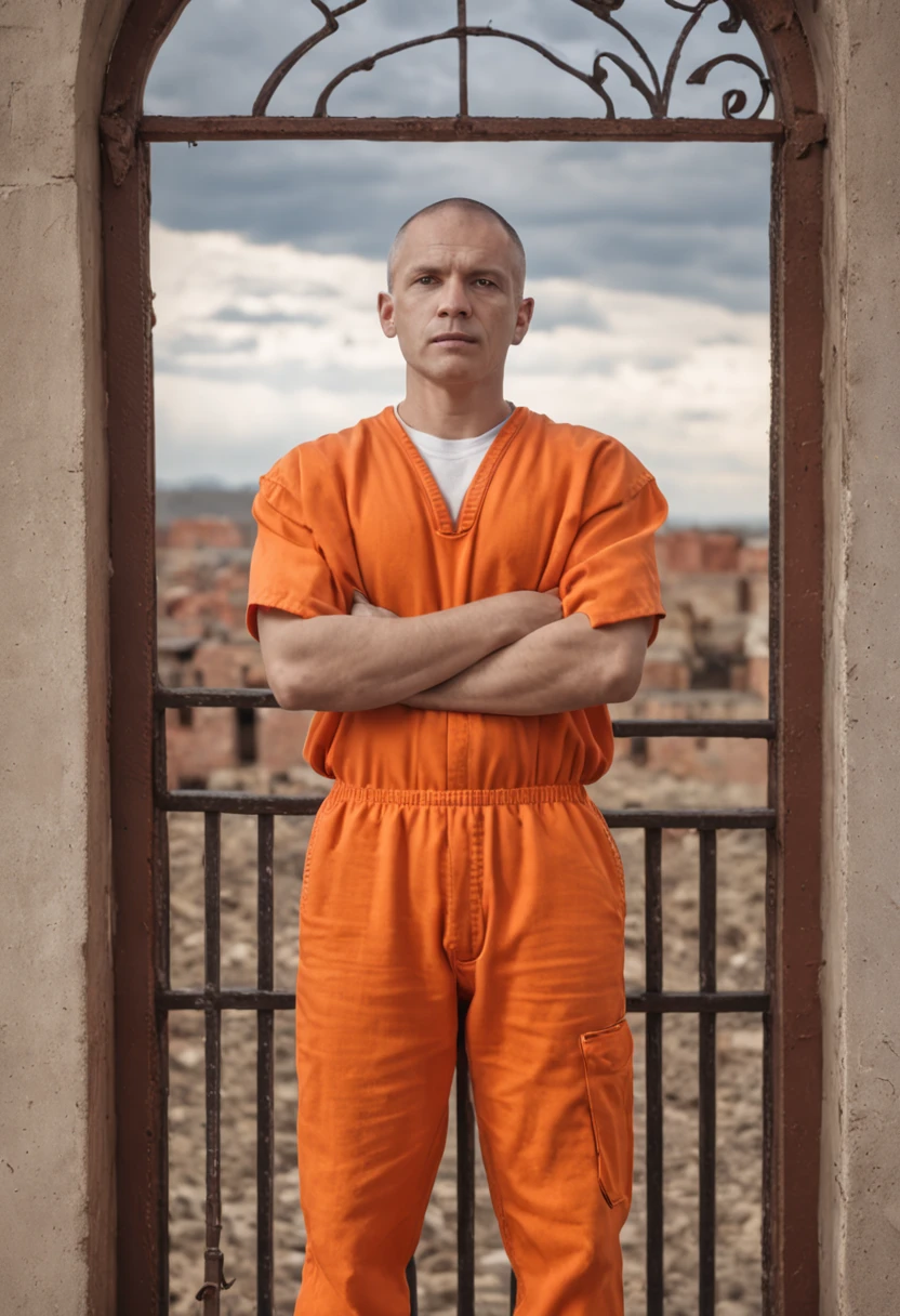 a Orange Jumpsuit prison inmate man looking out a prison bar window at a beautiful cloud scenery , stood in a cell, prisoner, behind bars, prison background
