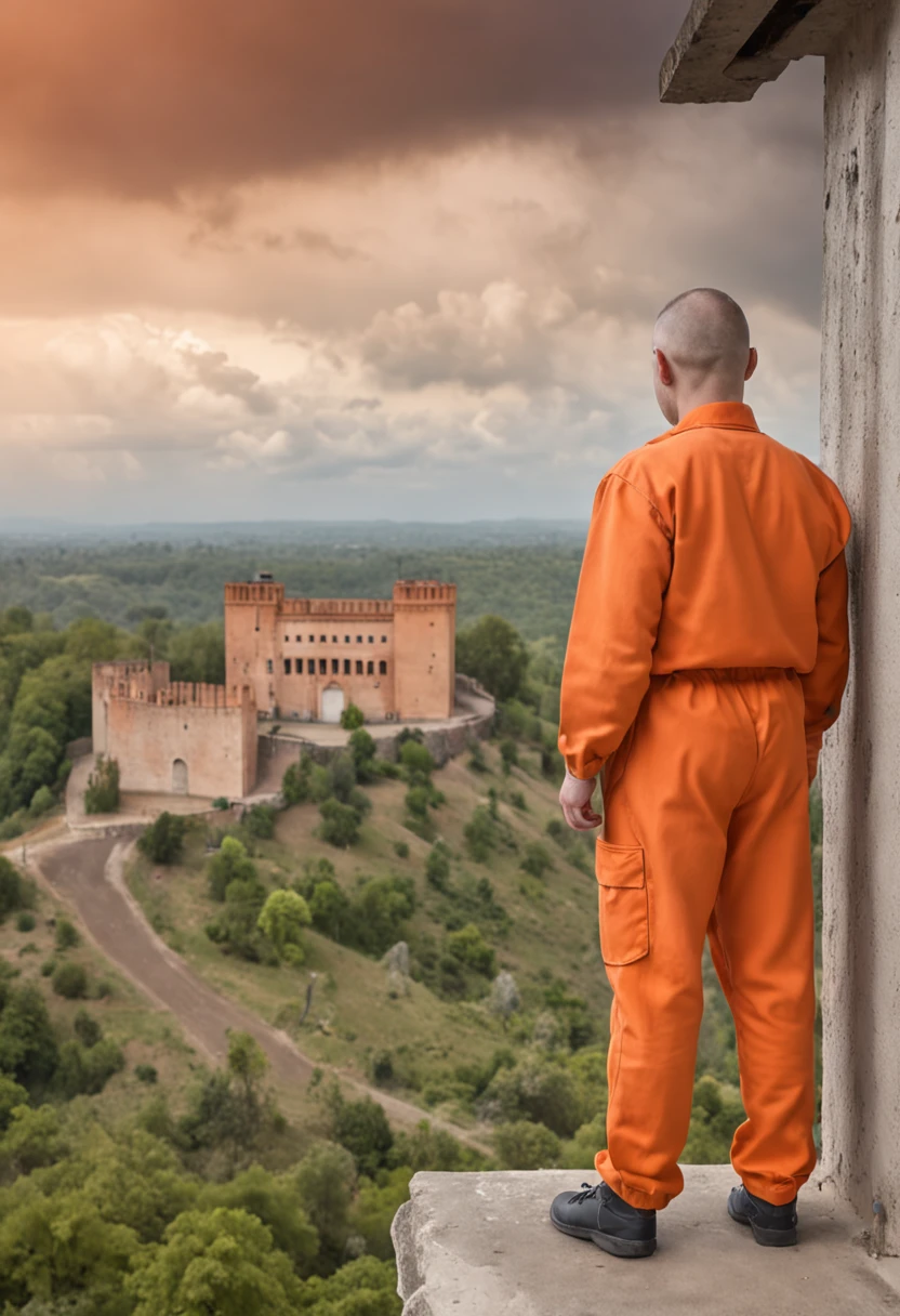 a Orange Jumpsuit prison inmate man looking out a prison bar window at a beautiful cloud scenery , stood in a cell, prisoner, behind bars, prison background