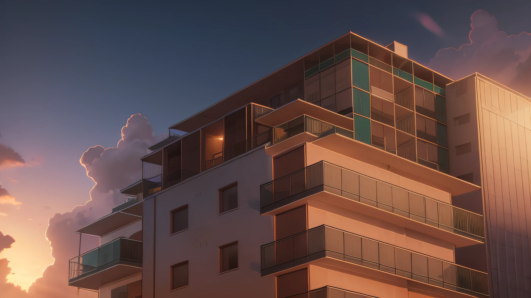 cobertura de um predio luxuoso, nuvens volumetricas, por do sol