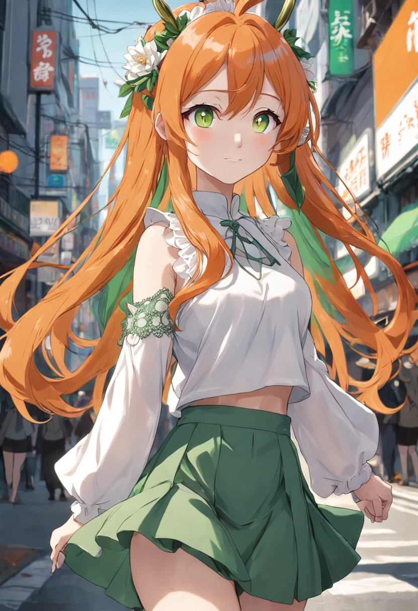 Orange hair Green pupils Walking down the street Turn to look back Smile masterpiece High quality High detail White top White short skirt with green lace Carrot tiara Horse ears Very long hair Highest quality