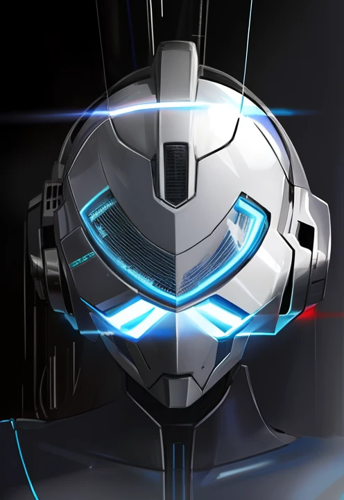 um close up de um capacete com uma luz azul sobre ele, olhos brilhantes no capacete, tech helmet, imagem hiperrealista, sepal helmet, Viseira mecha de vidro OLED, futuristic cybernetic helmet, sci-fi helmet, leme, capacete cyberpunk, capacete de viseira leds, Ultron, misterioso x, xenon, Detalhe requintado do capacete