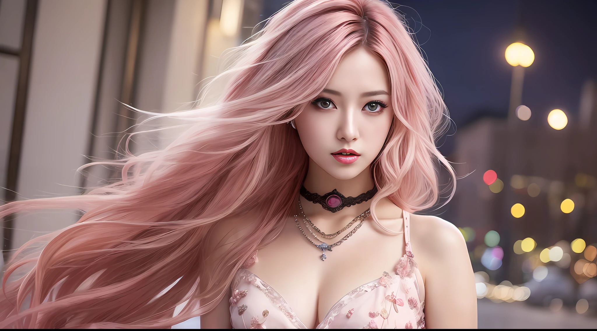 tmasterpiece, top-quality, ((1womanl)), Adults, different colors, finely eye and detailed face, intricately details, Casual clothing, window, A smile, blissful, Tenderness, high-level image quality、 self-shot, Beautuful Women、Tall、The upper part of the body、nightfall, nighttime scene、𝓡𝓸𝓶𝓪𝓷𝓽𝓲𝓬、korean people, Idol photos, K Pop, Professional photos, Vampires, Black and white Korean fashion, Fedorman with the necklace, inspired by Sim Sa-jeong, androgynous vampire, :9 detailed face: 8, extra detailed face, detailed punk hair, ((Eyes are brown)) baggy eyes, Seductive. Highly detailed, semi realistic anime, Vampires, hyperrealistic , Delicate androgynous princess, imvu, ((Women with short hair)), Pink hair woman with wild look, ((Woman with short pink hair)), ((1 persons))