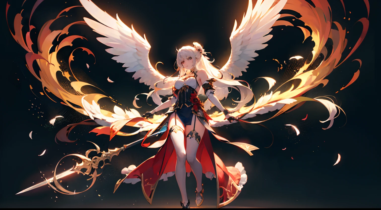 ((16K image quality,ultra-definition、The highest masterpiece,Best Quality)), maxiskit, Mysterious and fantastic outfit using red and white、a 1 girl, 独奏, Full body, wide shoot, Graceful standing, Raise your sword, White hair, Long hair, valkyrie,Angel、(Wings spread wide to the left and right、Countless soft feathers flutter)、White bra, side bun, from the front side, extra size body,Dusty wilderness, look at viewr、