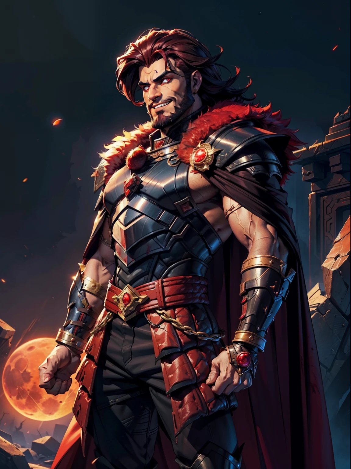 Dark night blood moon background, Hades style, game portrait. Sadurang from Marvel, hunk, buffed physics, short mane hair, mullet, defined face, detailed eyes, short beard, glowing red eyes, dark hair, wily smile, badass, dangerous. Wearing full armor with red dragon scales, cape of furs.  Breath fire.