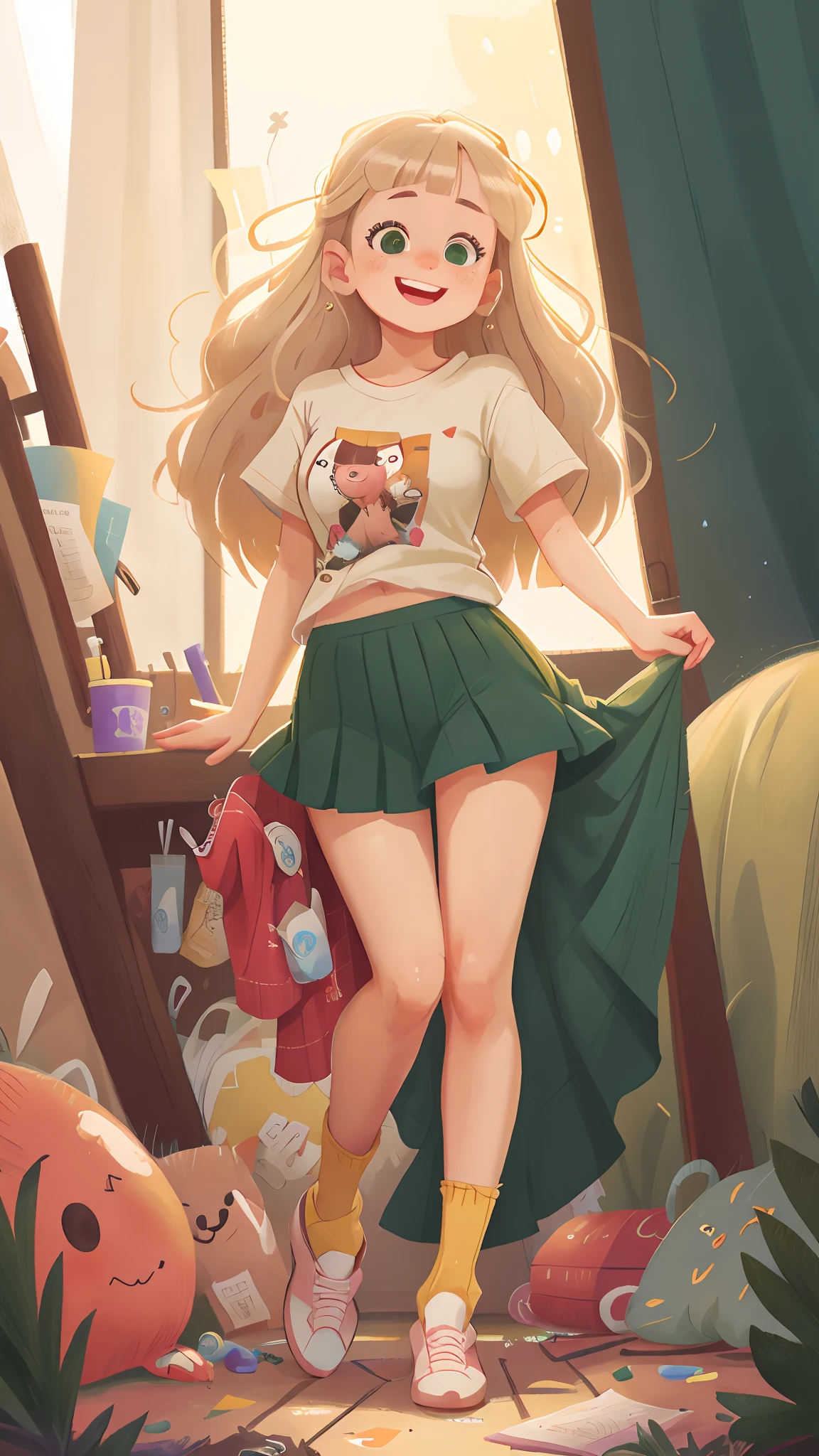 1lady, solo, full body, casual, long hair, minimal makeup, natural fabrics, close-up face, smile, long light platinum blonde hair, bangs, Korean bangs, bangs on forehead, green eyes, skirt, pleated skirt , cute pleated skirt, cute t-shirt, shirt, cute, perfect quality, clear focus (clutter - home: 0.8), (masterpiece: 1.2) (realistic: 1.2) (bokeh) (best quality) (detailed skin: 1.3) (intricate details) (8K) (detail eyes) (sharp focus), (happy)
