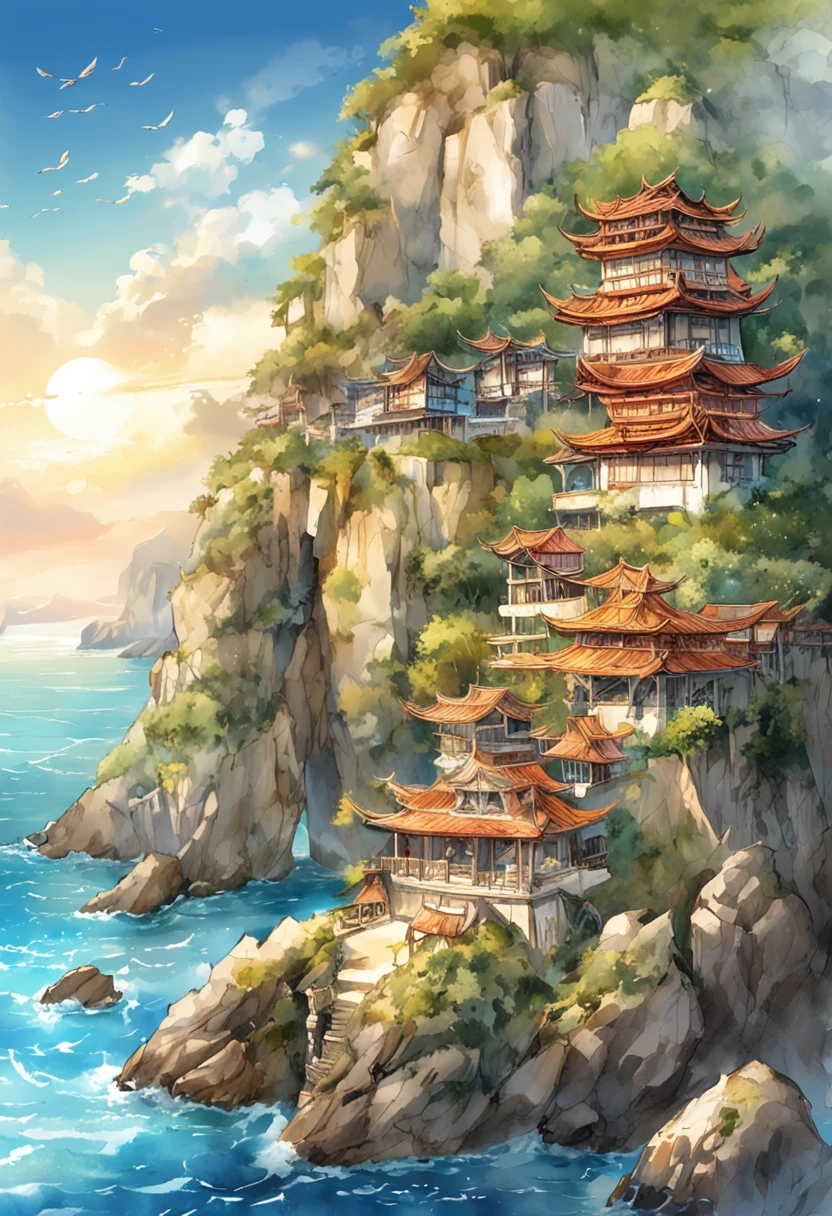 animesque、Vista lejana、Paisajes、punto de fuga、Scandalous resolution、high resolusion、Ultra-detallado、La mitad superior muestra el universo、Below is the sea、Ambiente luminoso、fantasy、Magia、mar、Horas de luz、Cielo azul limpio、Luz del sol brillando、prisma、beautiful lighting、bright illumination、Soft lighting、Lots of bright magic light、Luz iridiscente、