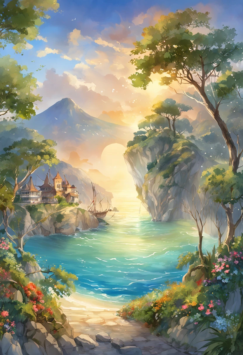 animesque、Vista lejana、Paisajes、punto de fuga、Scandalous resolution、high resolusion、Ultra-detallado、La mitad superior muestra el universo、Below is the sea、Ambiente luminoso、fantasy、Magia、mar、Horas de luz、Cielo azul limpio、Luz del sol brillando、prisma、beautiful lighting、bright illumination、Soft lighting、Lots of bright magic light、Luz iridiscente、
