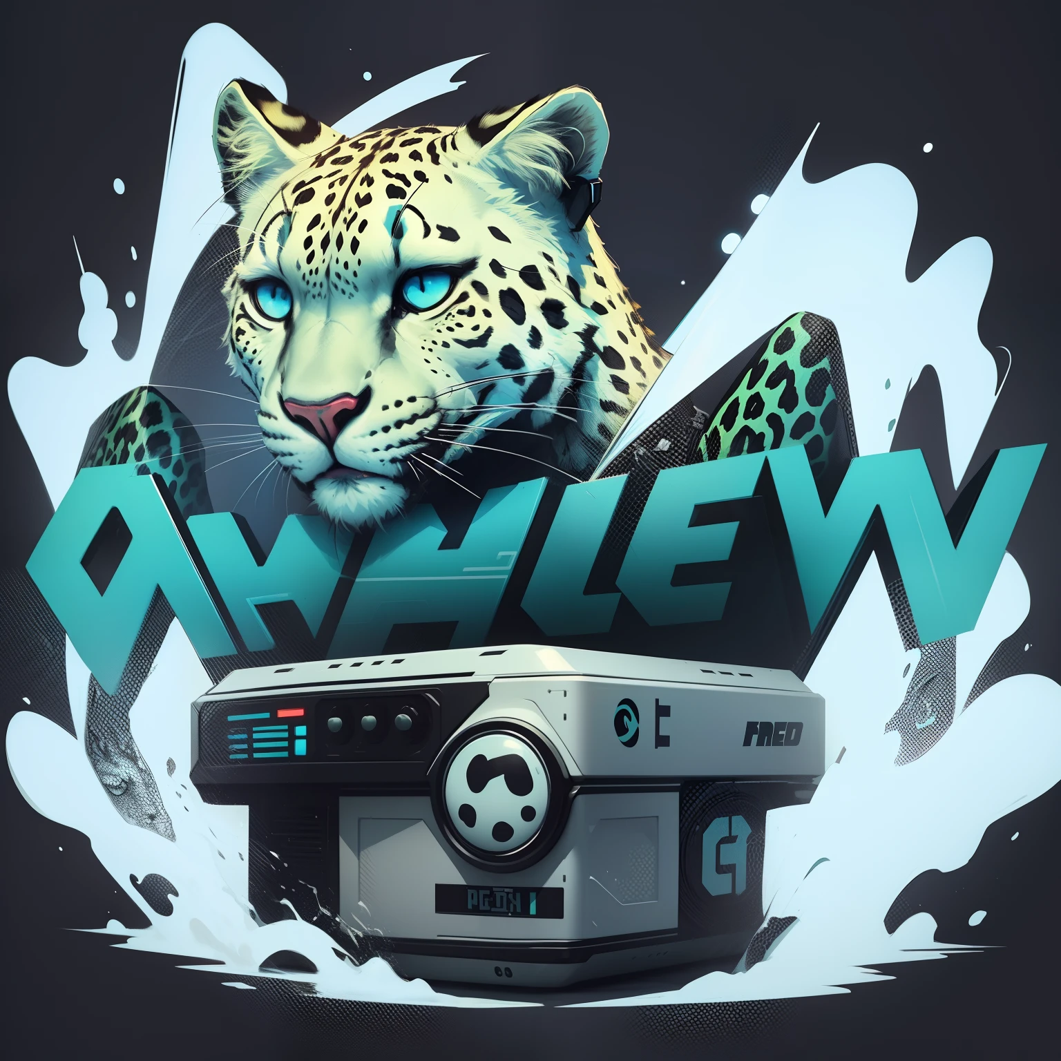 Leopardo branco leopardo das neves design legal, graph design, vaporwave, Logotipo, rapper, DJ, jogador, fone de ouvido, estilo hiphop phonk, estilo musical, Logo
