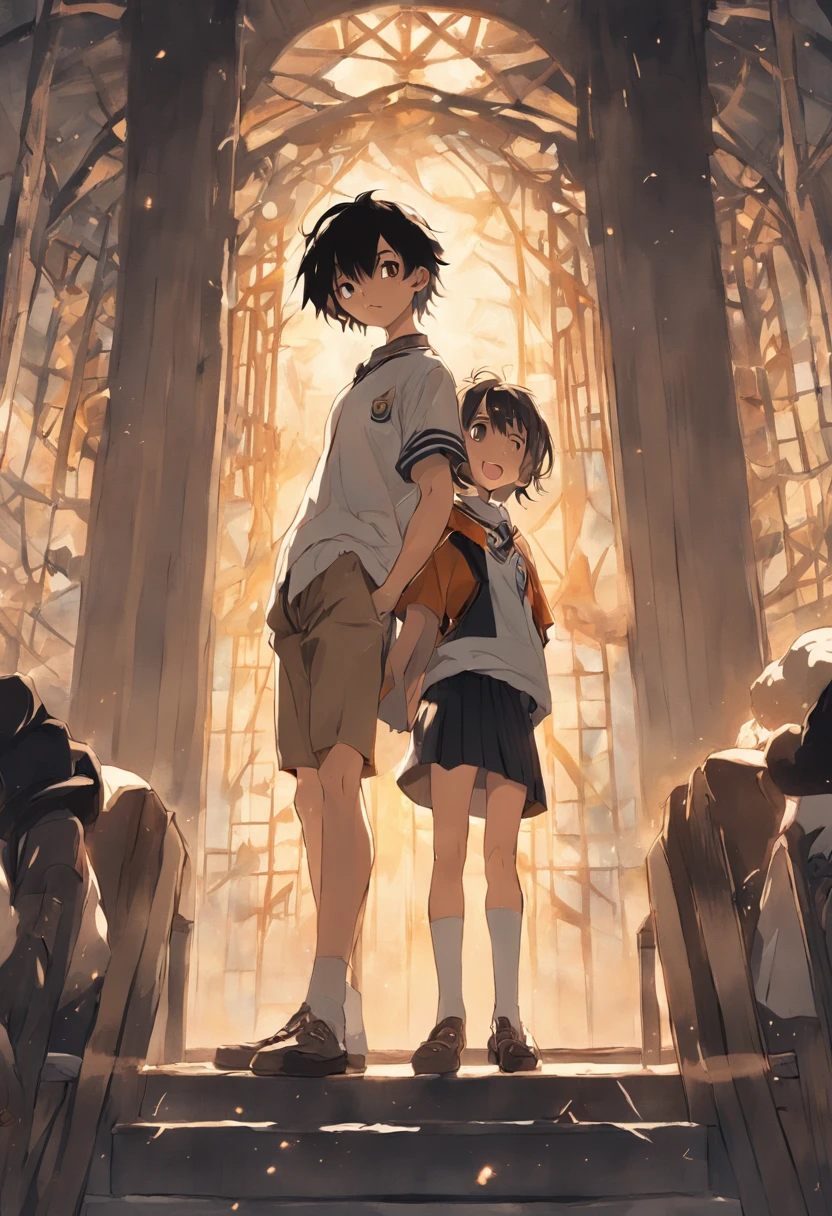 Best image quality full body detail golden ratio（Dramatic Lighting 0.7） Stunning High Angle RAW Photo（Short bob black hair、Tsuriformes、double tooth、Smiling 14 year old boy）、School Uniforms（Striped underwear、Striped High Socks）、Sunnyday、Daughter of a man standing on the roof of a school、Look up from the person who did、Stunning low-angle RAW photos