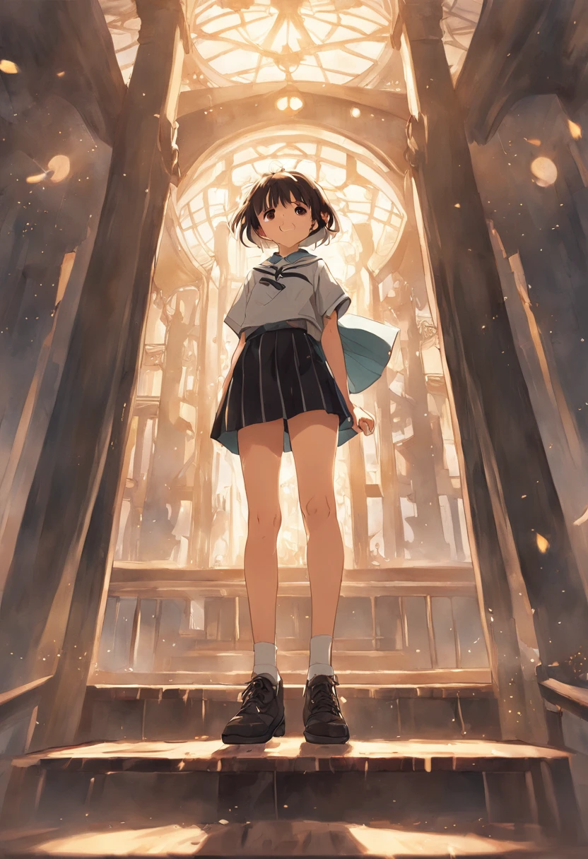 Best image quality full body detail golden ratio(Dramatic Lighting 0.7) Stunning High Angle RAW Photo(Short bob black hair、Tsuriformes、double tooth、Smiling boy)、School Uniforms(Striped underwear、Striped High Socks)、Sunnyday、Daughter of a man standing on the roof of a school、Look up from the person who did、Stunning low-angle RAW photos