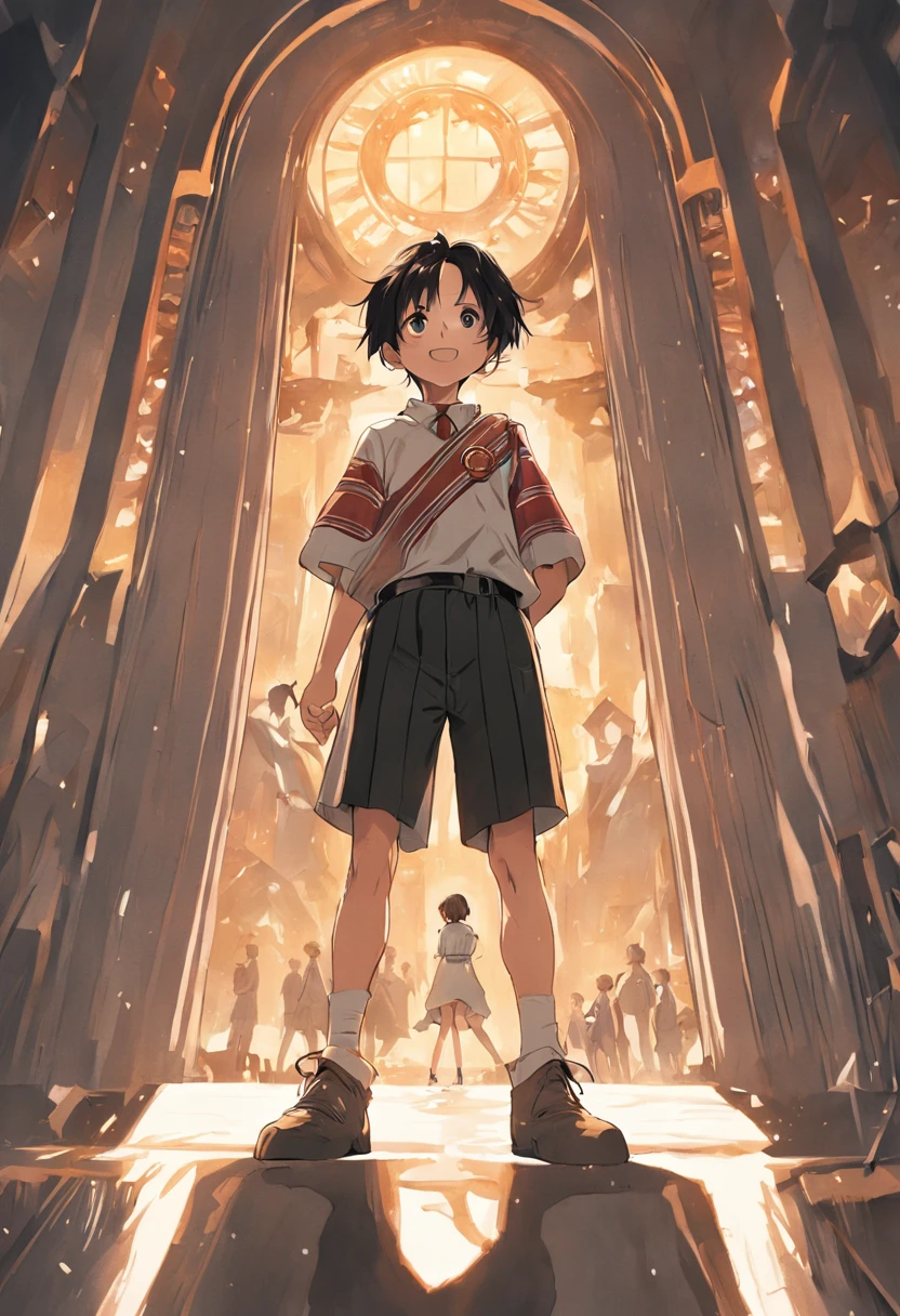 Best image quality full body detail golden ratio(Dramatic Lighting 0.7) Stunning High Angle RAW Photo(Short bob black hair、Tsuriformes、double tooth、Smiling 14 year old boy)、School Uniforms(Striped underwear、Striped High Socks)、Sunnyday、Daughter of a man standing on the roof of a school、Look up from the person who did、Stunning low-angle RAW photos