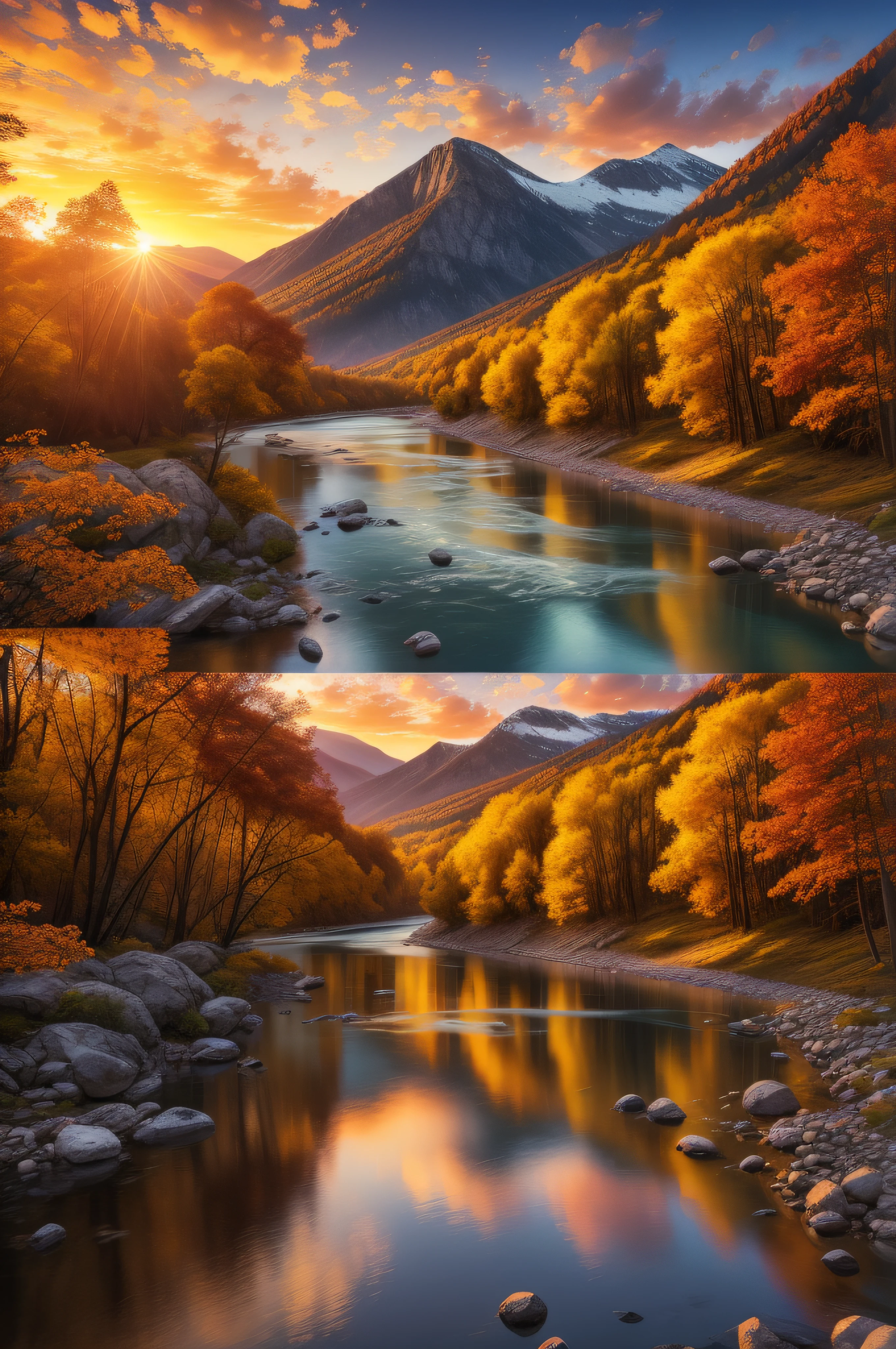 photo realistic view of a river in mountain during fall sunset background