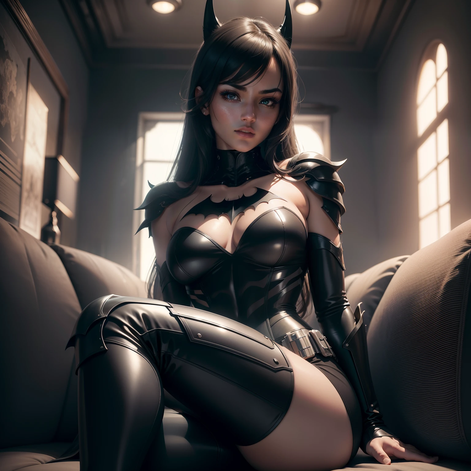RAW, masterpiece, ultra-fine photo,, best quality, ultra-high resolution, realistic, sunny, full-body portrait, amazing beauty, dynamic posture, exquisite face, vibrant eyes, (side view), she is wearing a futuristic Batman costume, tight leather pants, high collar top, shoulder-length,
sitting on a leather sofa, very detailed background, detailed face, detailed and neat background, gorgeous, black, high detail skin, realistic skin details, visible pores, clear focus, volume fog, 8k UHD, DSLR, high quality, film grain, fair skin, realism, lomography, in a future utopian metropolis, seen from below,