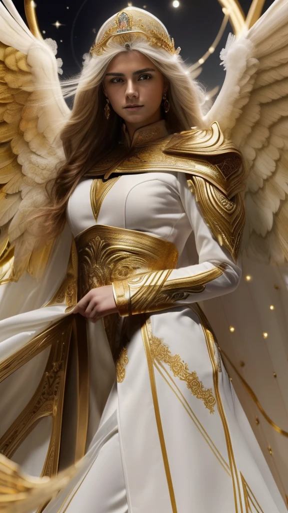 (((Holy GUARDIAN ANGEL. 19 years old))) ((( Con una cara seria y piadosa. Con una mirada dulce y tierna))) (obra maestra, calidad superior, mejor calidad, arte oficial, beautiful and aesthetic: 1.2), (1girl), extremadamente detallado, (Arte fractal: 1.3), colorido, highest detailed, Cara perfecta, parte superior del cuerpo, HDR, (orando: 1.3), (golden lines of white coat: 1.2), galaxia, (rayas de luz), eye-catching visuals, (dynamic stripes, senderos luminosos: 1.2), colores vibrantes,
