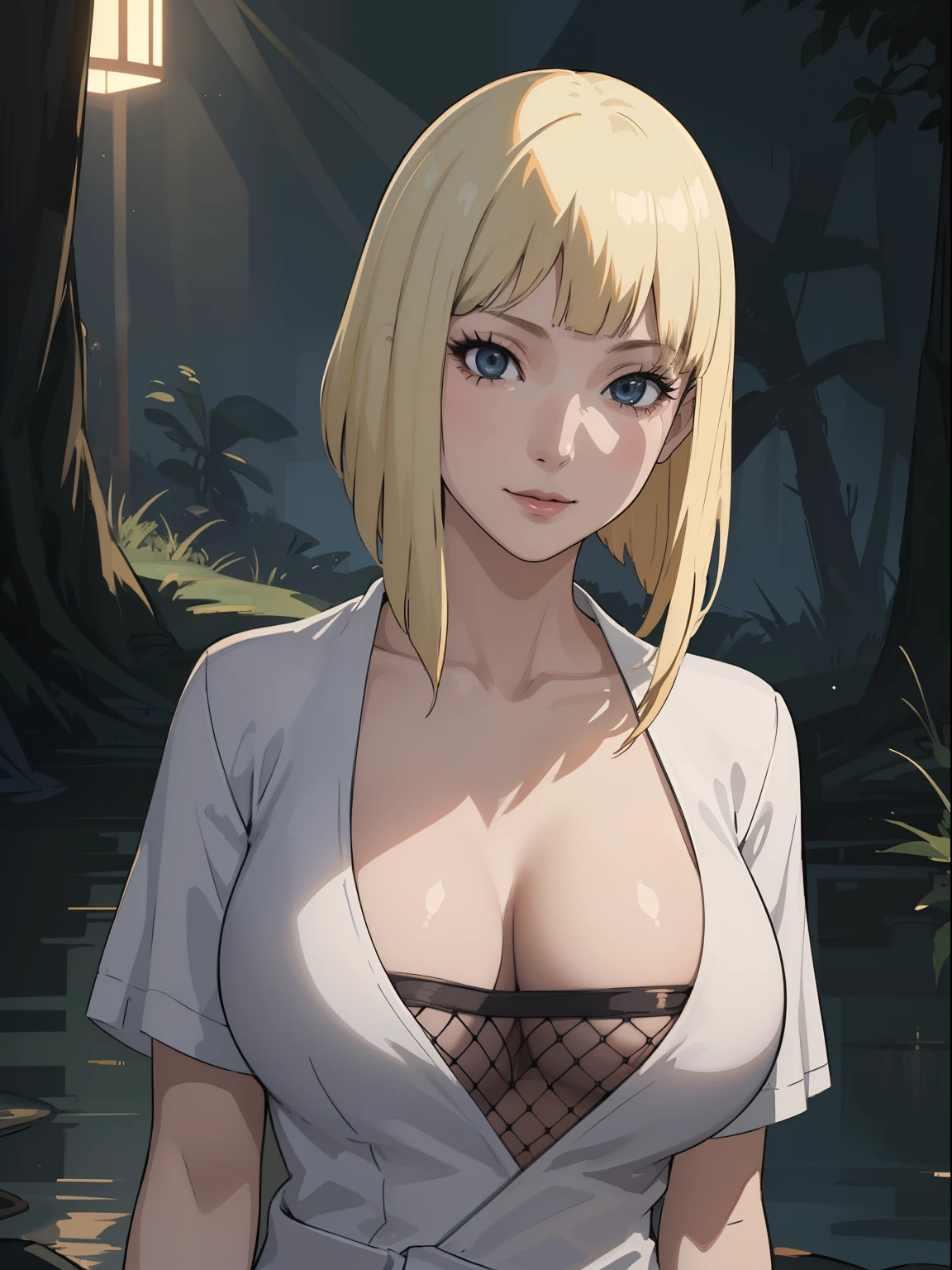 Best quality, masterpiece, ultra high res, 1girl, sexy, in the dark, deep shadow, low key, cold light, milf, blonde, dynamic light, cinematic lighting, cinematic lighting, down blouse, mature woman, middle parted hair, nsfw, natural breast, upper body, milf, samui, simple smile, nsfw