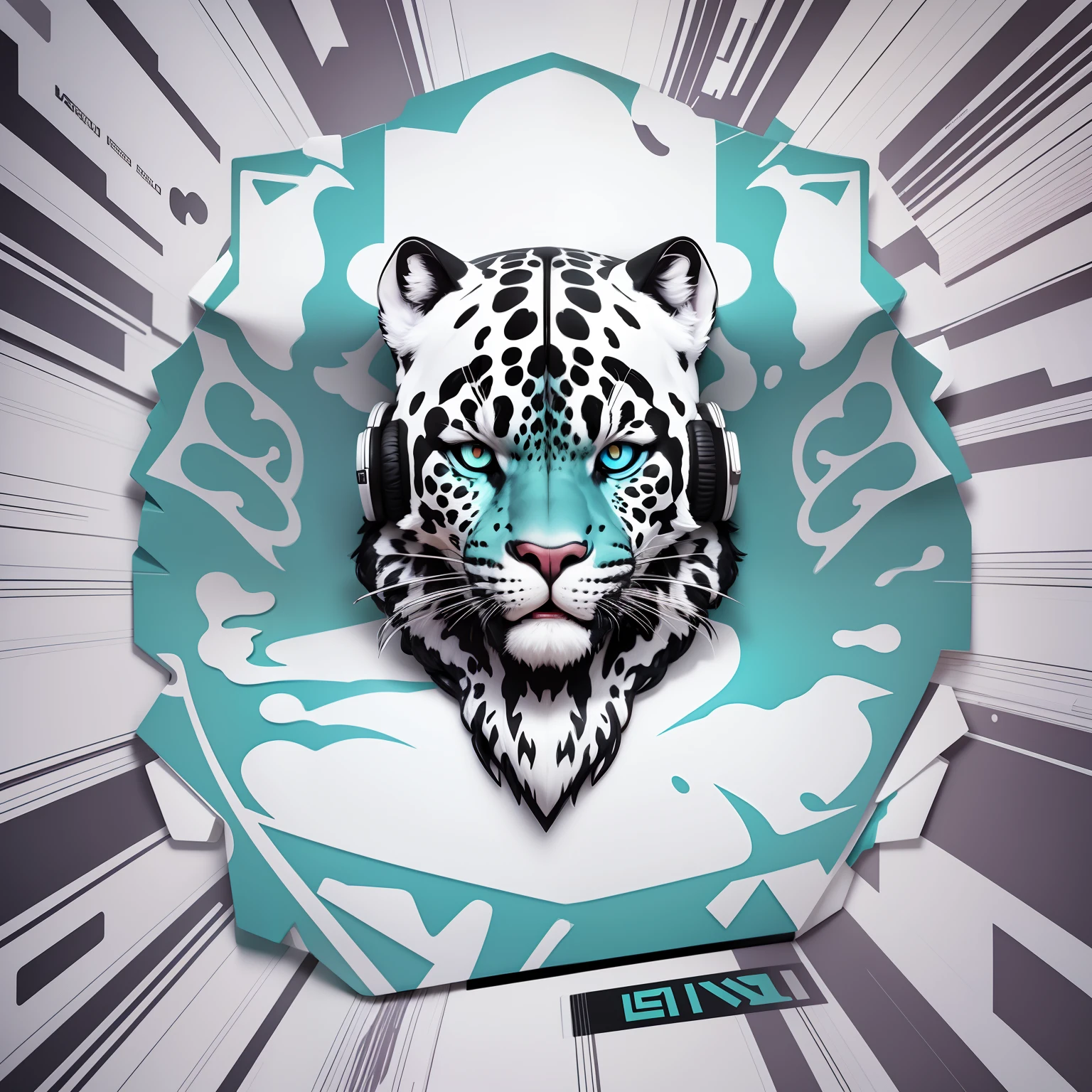 Leopardo branco leopardo das neves design legal, graph design, vaporwave, Logotipo, rapper, DJ, jogador, fone de ouvido, estilo hiphop phonk, estilo musical, Logo