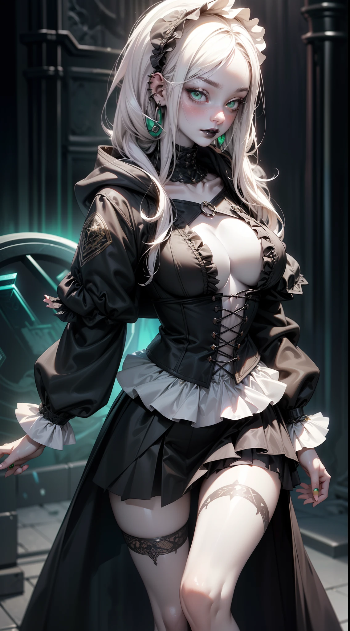 (necromance:1.2) girl, 1girl, perfect and well designed shiny eyes, (beautiful detailed (emerald:1.3) marsh eyes:1.05), natural breasts, slim body, beautiful and delicate face, (face detail), ((realistic face)), pores, ((pale skin)), detailed skin, realistic skin, medium length hair, hair voluminous, super high resolution, 8k, parameters Best quality, (masterpiece:1.4), (magic accessories:1.4), bracelets, necklaces, dark extremely detailed thick tight ((lacy silk clothing:1.3), (lacy wrap dress:1.2), (lycra kimono:0.8),(wild goth skirt:1.5)), (shabby hood ruffles coat:1.6), (embroidery and lace:1.3), jewelry ornaments, hair ornament, (cloth:1.3), (neckline:1.3), (cleavage), decolette, navel, Young Girl, Beast, (crazy:0.7) Smile, (Pale Skin:2.0), (19 Piercings:1.6), ((tattoos all over body, Tribal tattoos all over legs)), surrounded by darkness, (Darkness:1.2), Dark Fantasy, ultra detailed, photorealistic, ((Real image)), (best quality:1.4), super high resolution, (Realistic 2.0), More details, (full body portrait), (((1girl))), (witchcraft:1.5), magic energy flows and sparkles, (futurism:1.3), fantasy, (cyberpunk:1.4), (magic technologies:1.3), (beautiful and aesthetic:1.2), (fractal art:1.4), (cinematic light:1.1), DUTCH ANGLE, 16K, HDR, RTX, Ray Tracing, Radiosity, Anisotropic Filtering, Subsurface Scattering, (((magic lights))), metallic reflections, Detailed, Realistic, 4k highly detailed digital art, (cool_color), extremely detailed CG unity 8k wallpaper, vibrant colors