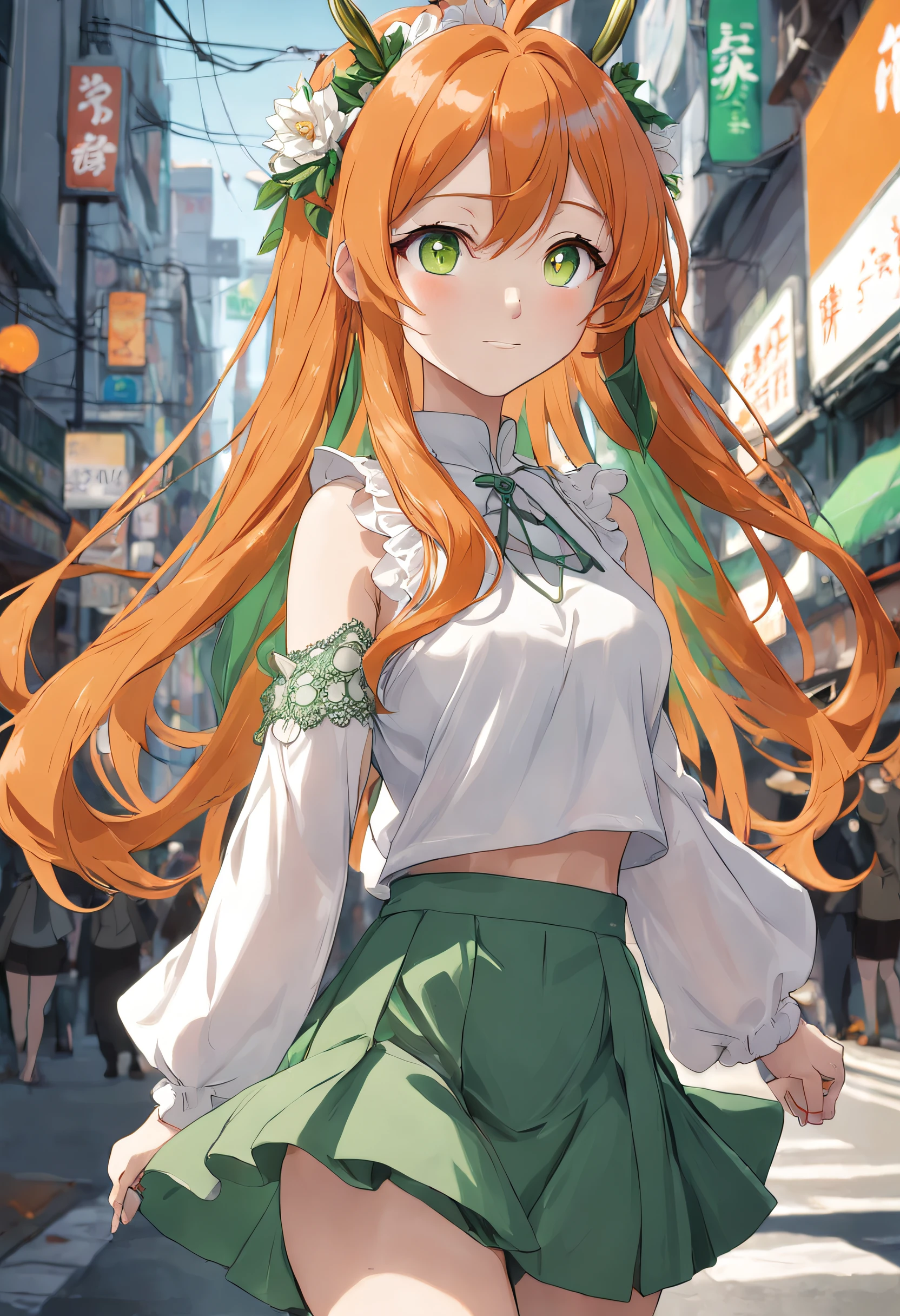 Orange hair Green pupils Walking down the street Turn to look back Smile masterpiece High quality High detail White top White short skirt with green lace Carrot tiara Horse ears Very long hair Highest quality