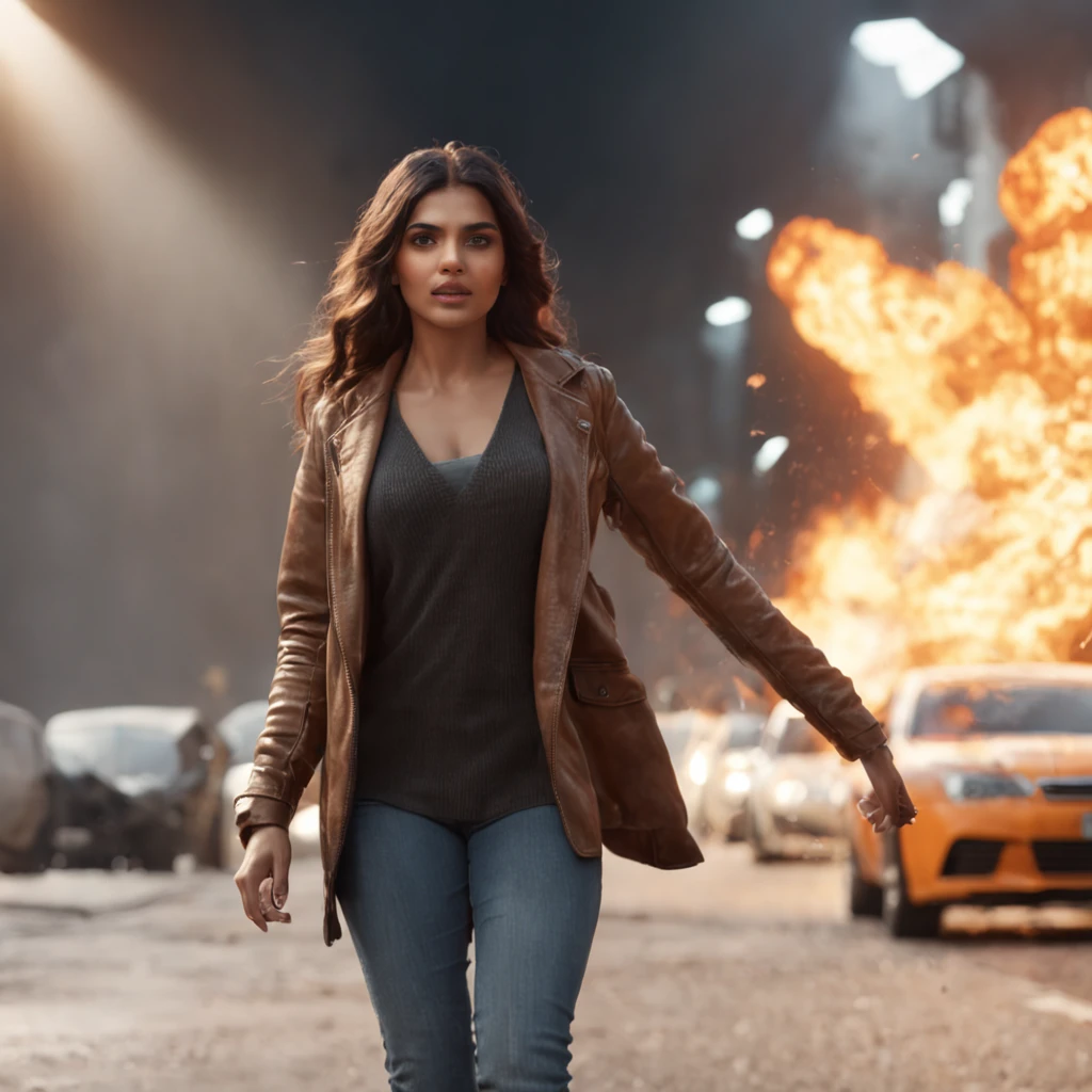 (professional 3d render:1.3) af (Realistic:1.3) most beautiful artwork photo in the world,MASSIVE EXPOLSION, ACTION MOVIE EXPLOSION WITH DARK SMOKE (Centered) SMILING beautiful, sexy, stylish, perfect INDIAN fashion model, flying hair, walking away from an exploding car, massive fireball, chaos, flying debris, full body 8k unity render, action shot, skin pore, very dark lighting, heavyshading, Detailed, Detailed face, (vibrant, photograph realistic, Realistic, Dramatic, Dark, Sharp focus, 8K), (Intricate:1.4), decadent, (Highly detailed:1.4), Digital painting, rendering by octane, art stations, concept-art, smooth, Sharp focus, illustration, Art germ, (loish:0.23), wlop ilya kuvshinov, and greg rutkowski and alphonse mucha gracias, (Global illumination, Studio light, volumettic light), heavy rain, particles floating, lotr, fantasy,CGSesociety,art stations